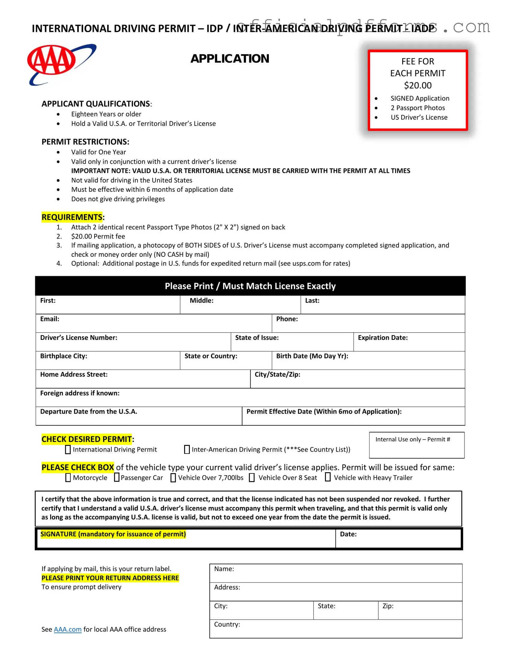 Fill in a Valid Aaa International Driving Permit Application Form