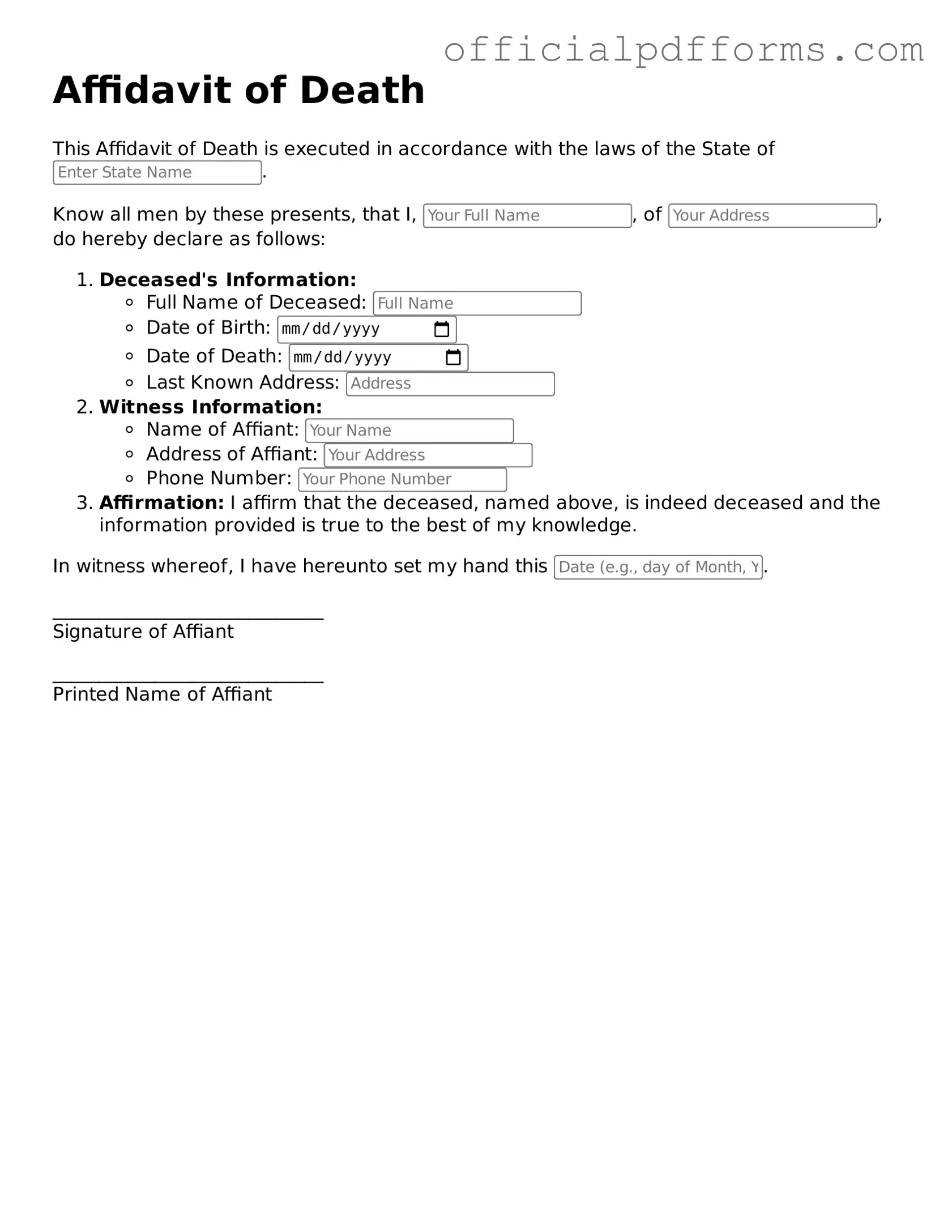 Valid Affidavit of Death Document
