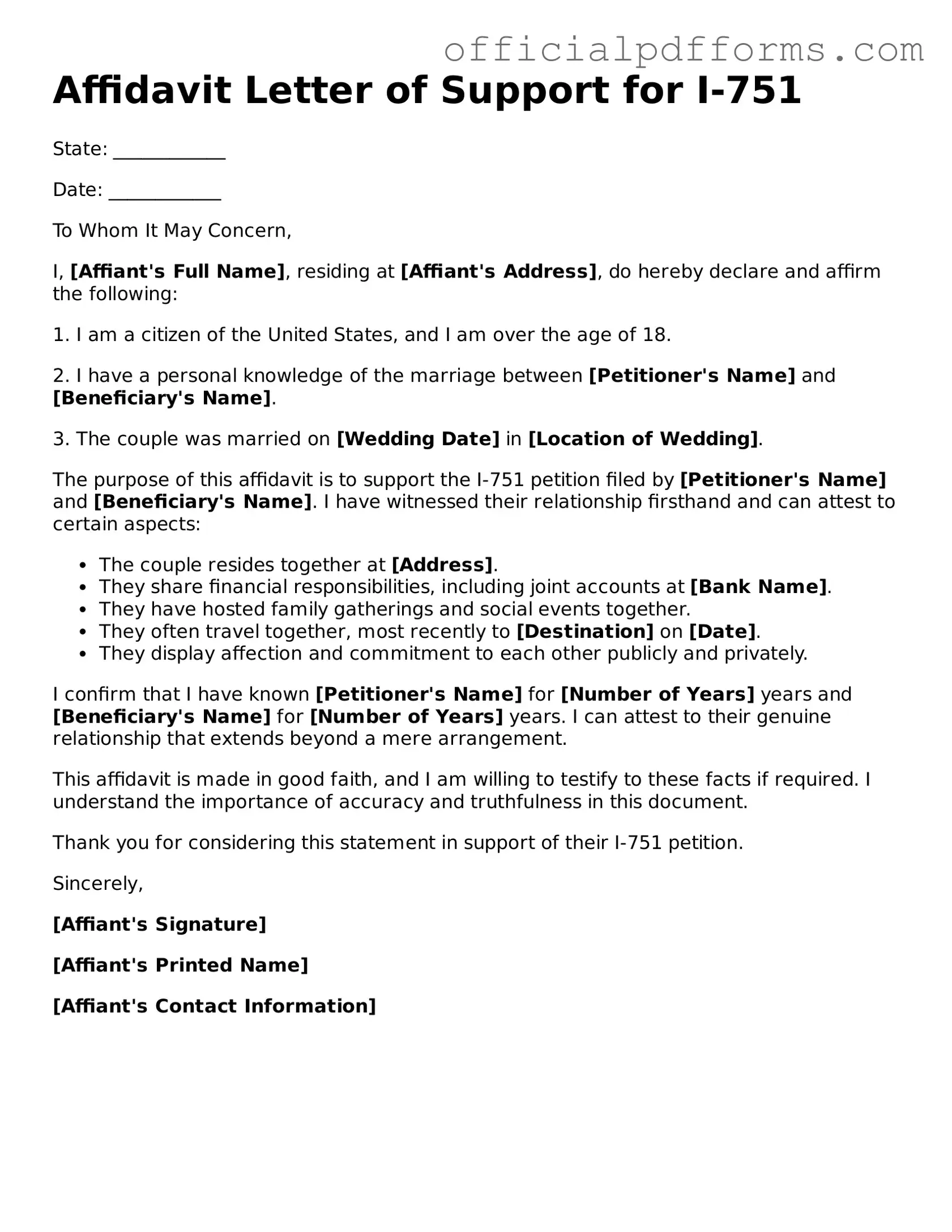 Valid Affidavit Letter of Support for I-751 Document