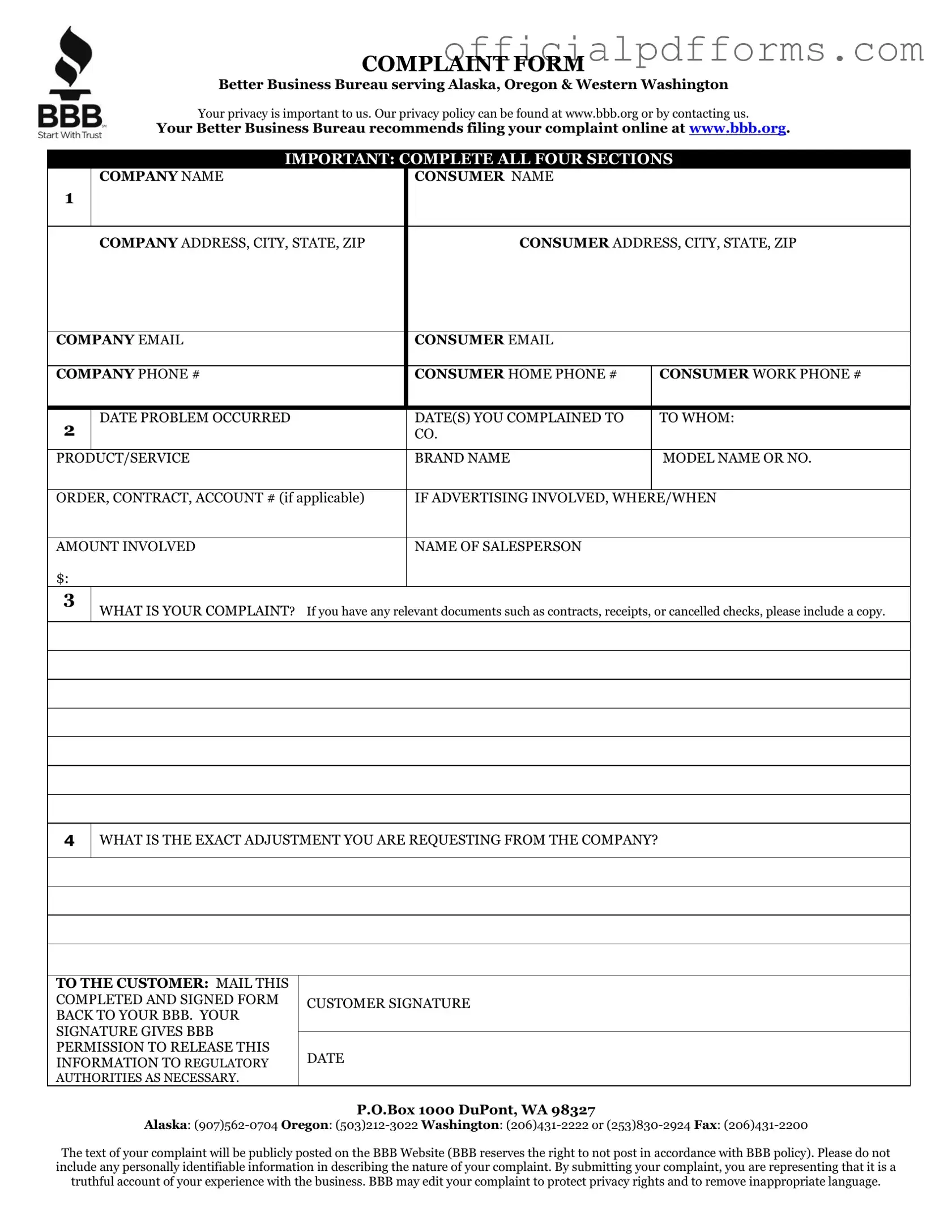 Fill in a Valid Bbb Complaint Form