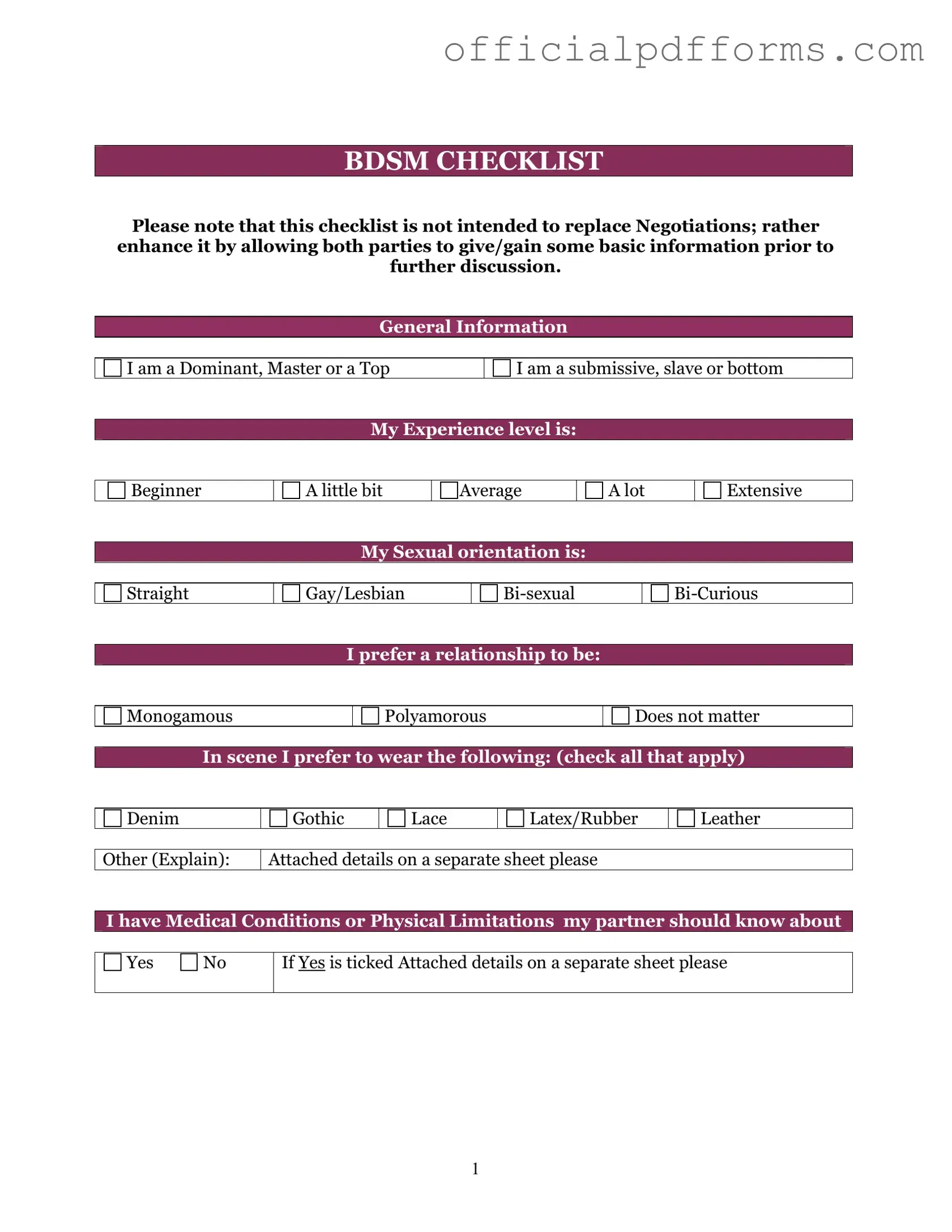 Fill in a Valid Bdsm Checklist Form