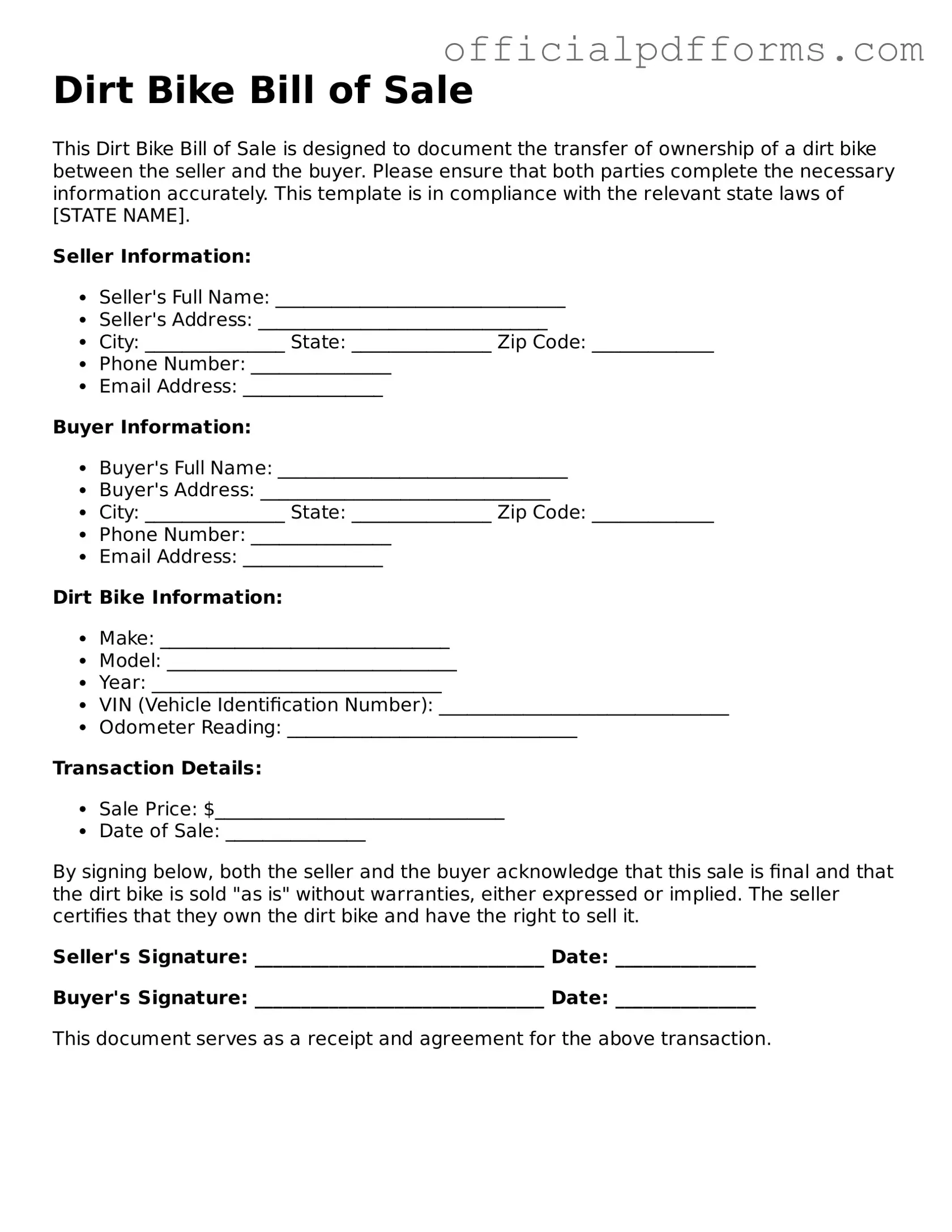 Valid Dirt Bike Bill of Sale Document
