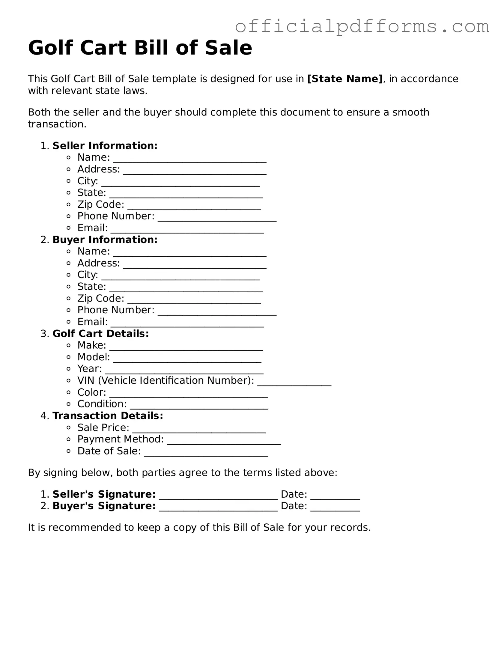 Valid Golf Cart Bill of Sale Document