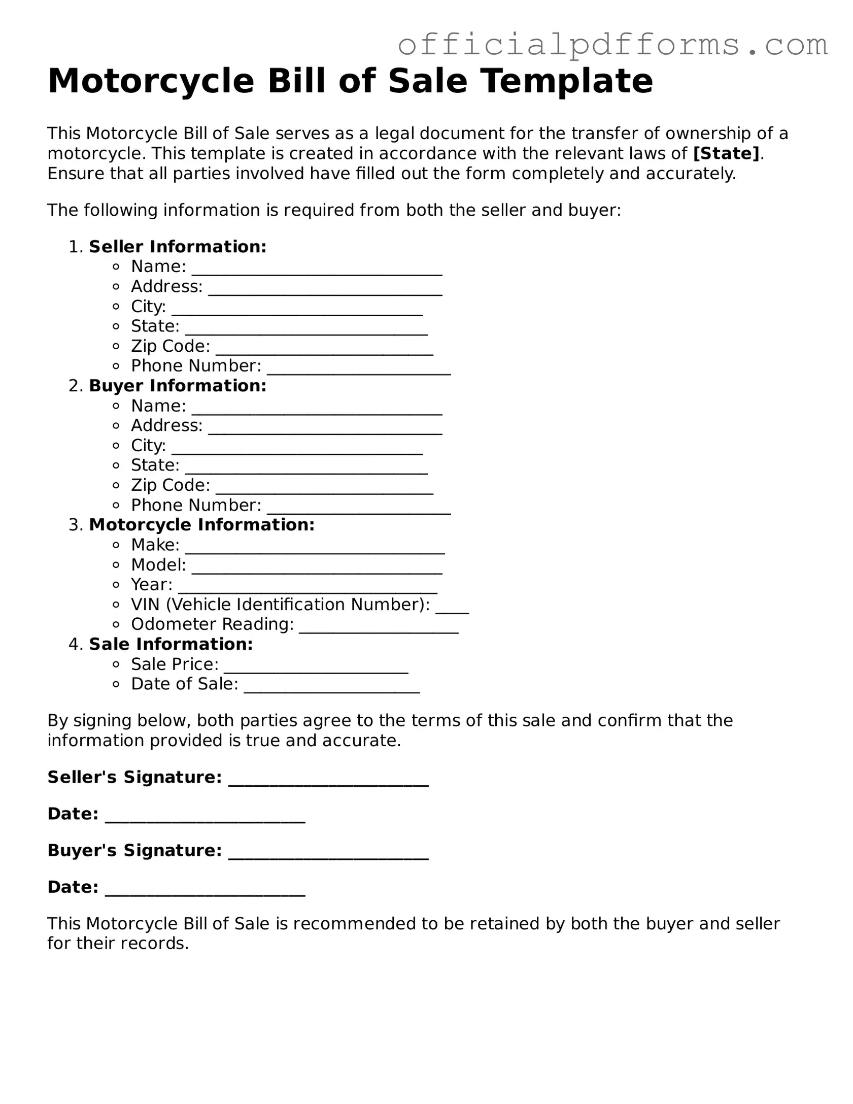 Valid Motorcycle Bill of Sale Document