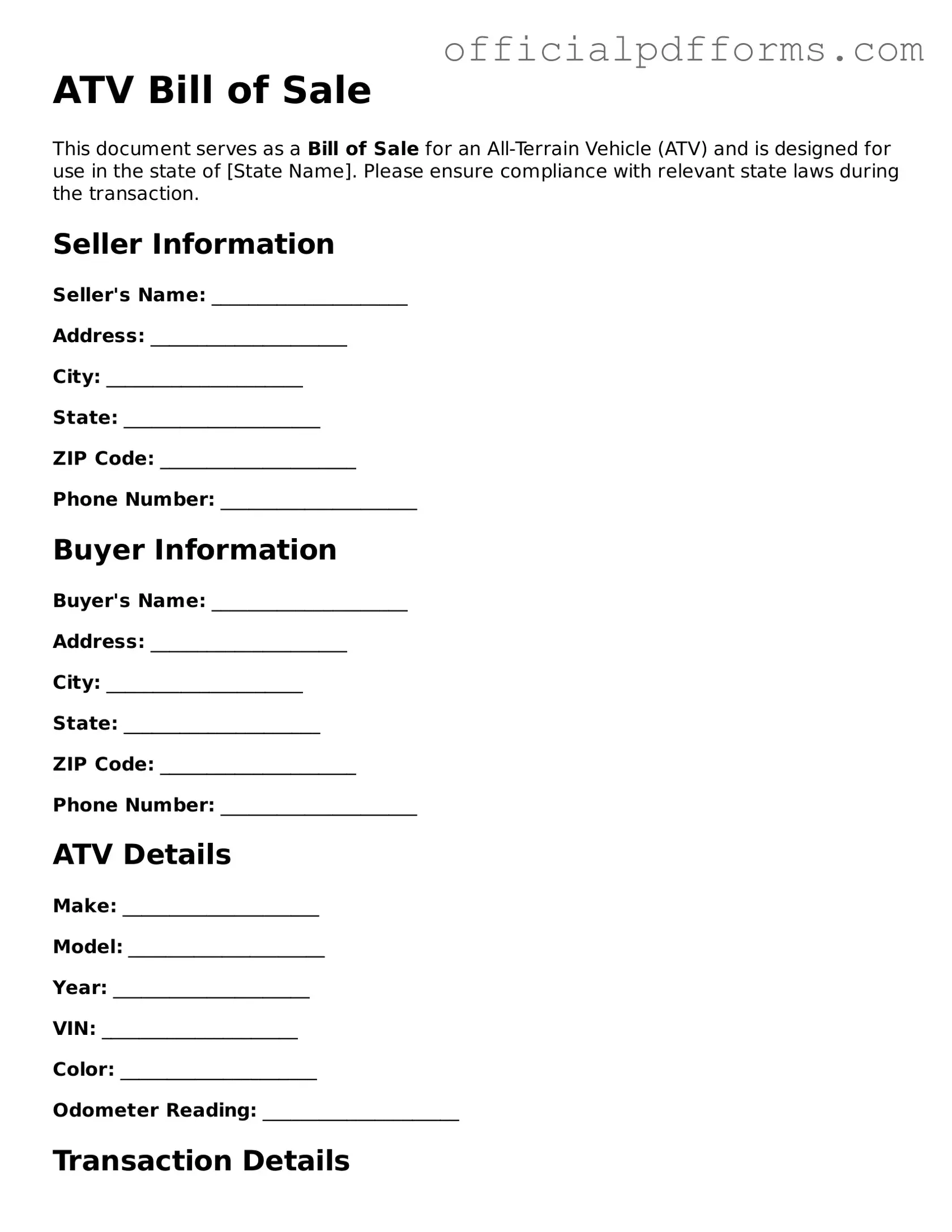 Valid ATV Bill of Sale Document