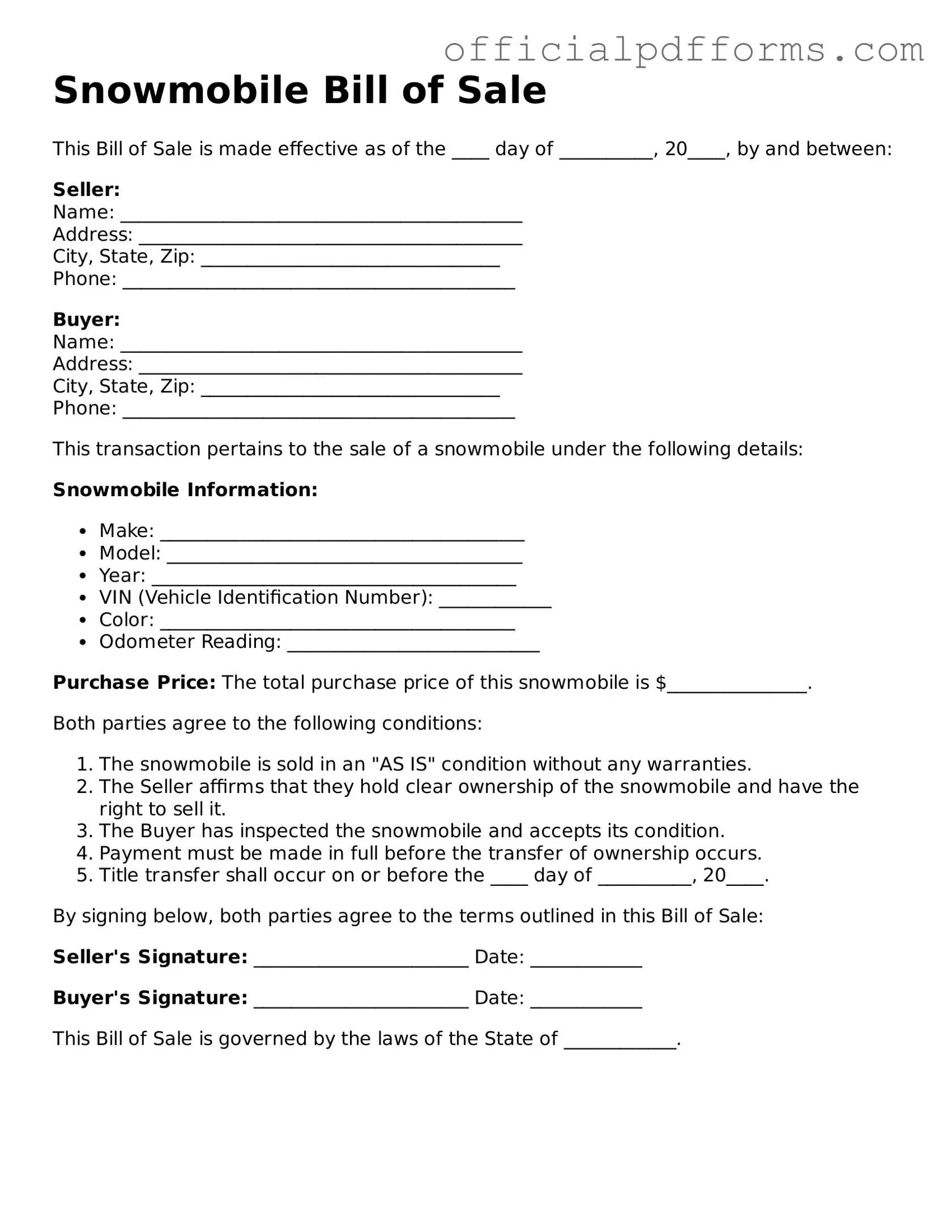 Valid Snowmobile Bill of Sale Document