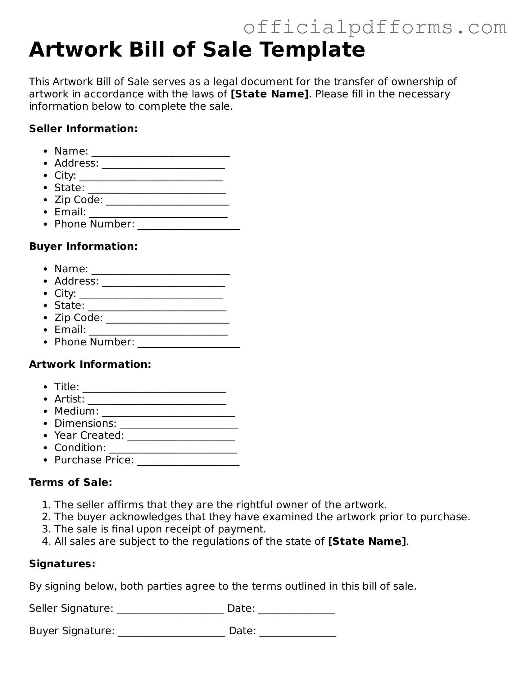 Valid Artwork Bill of Sale Document