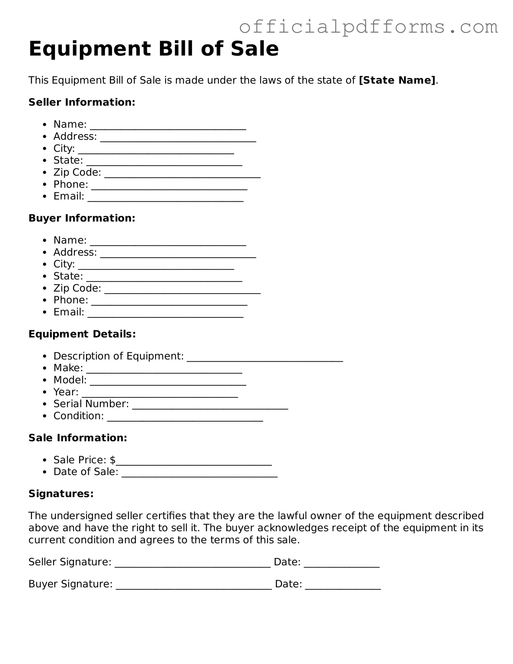 Valid Equipment Bill of Sale Document