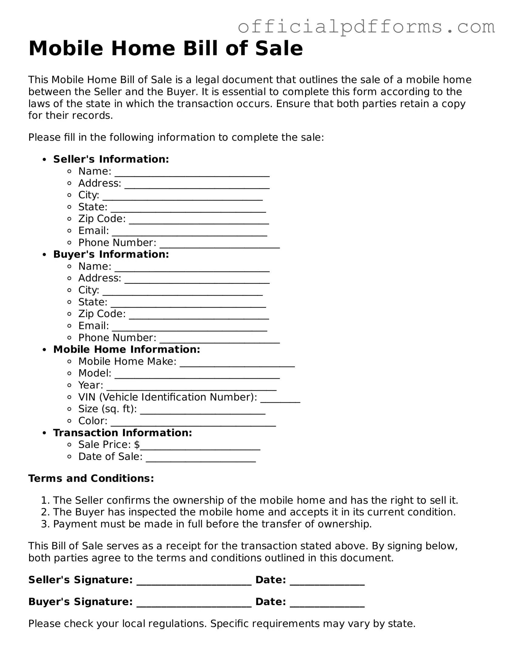 Valid Mobile Home Bill of Sale Document