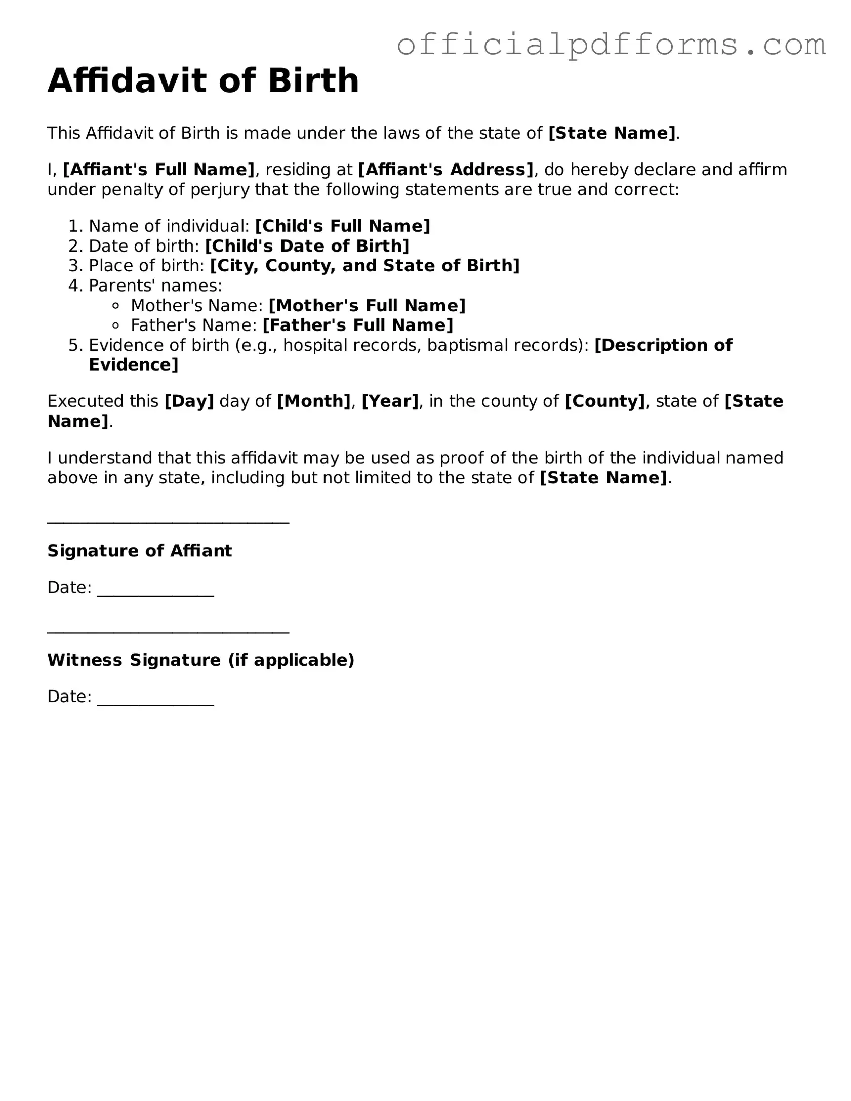 Valid Affidavit of Birth Document
