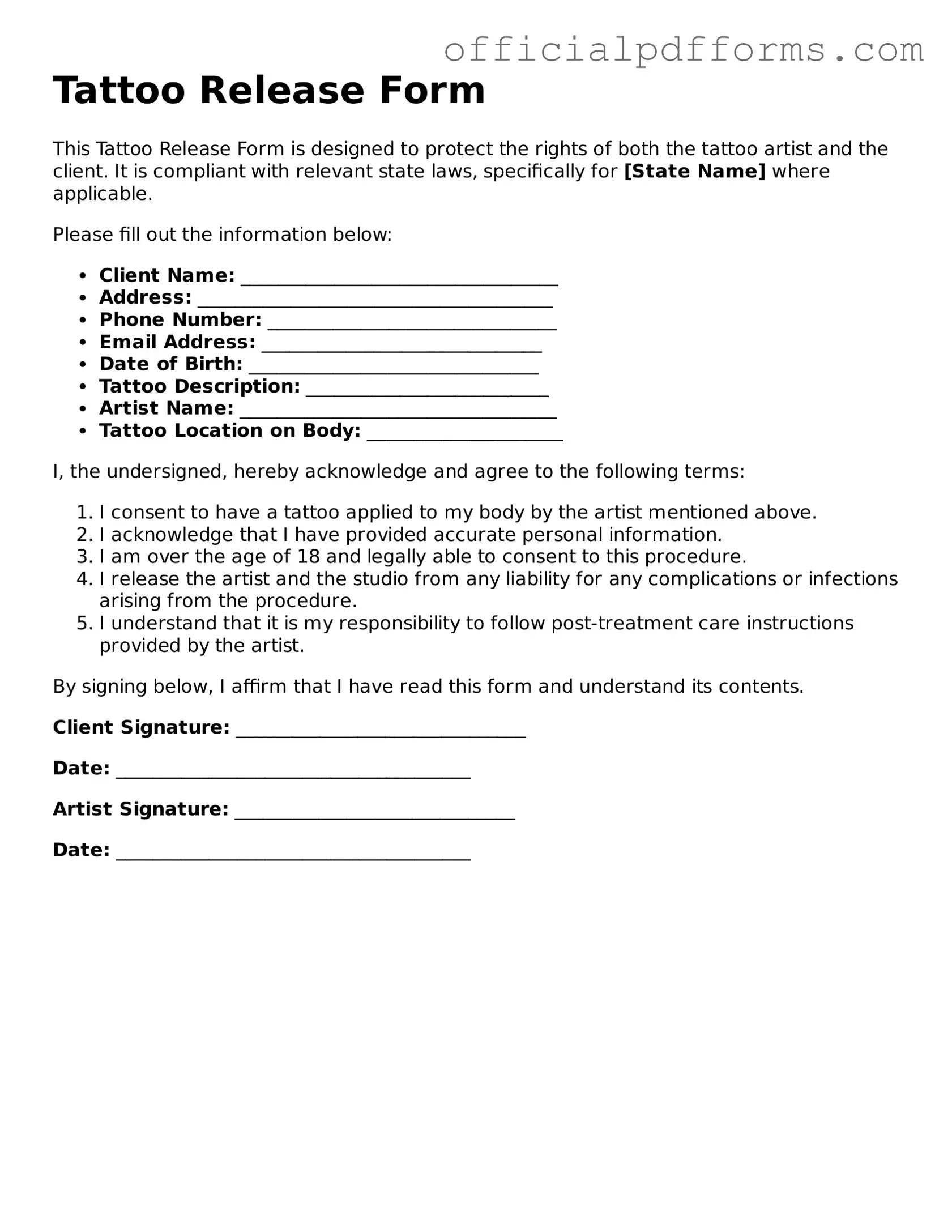 Valid Tattoo Release Document