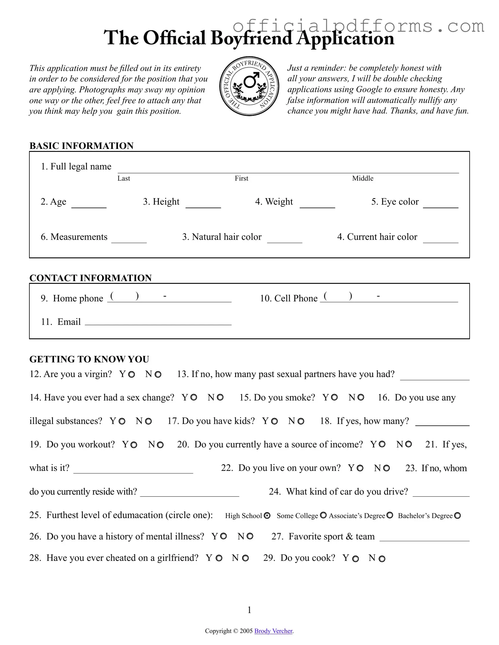Fill in a Valid Boyfriend application form Form