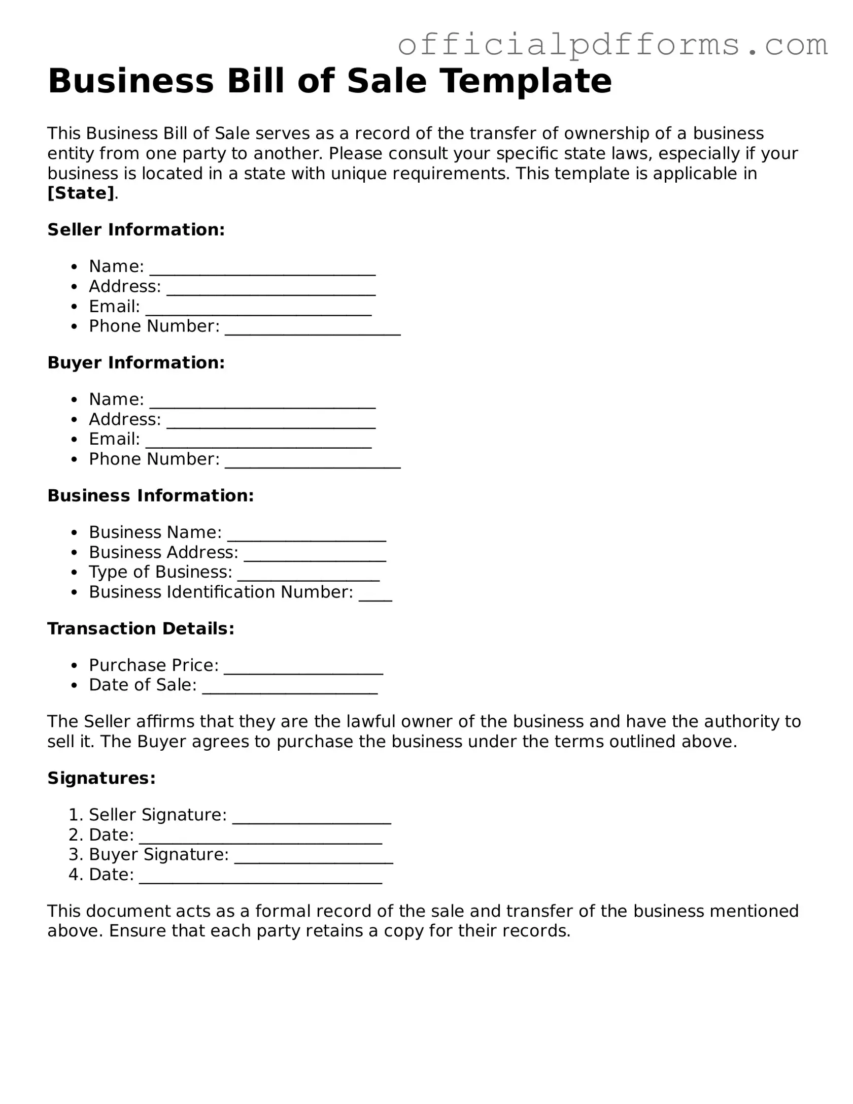 Valid Business Bill of Sale Document
