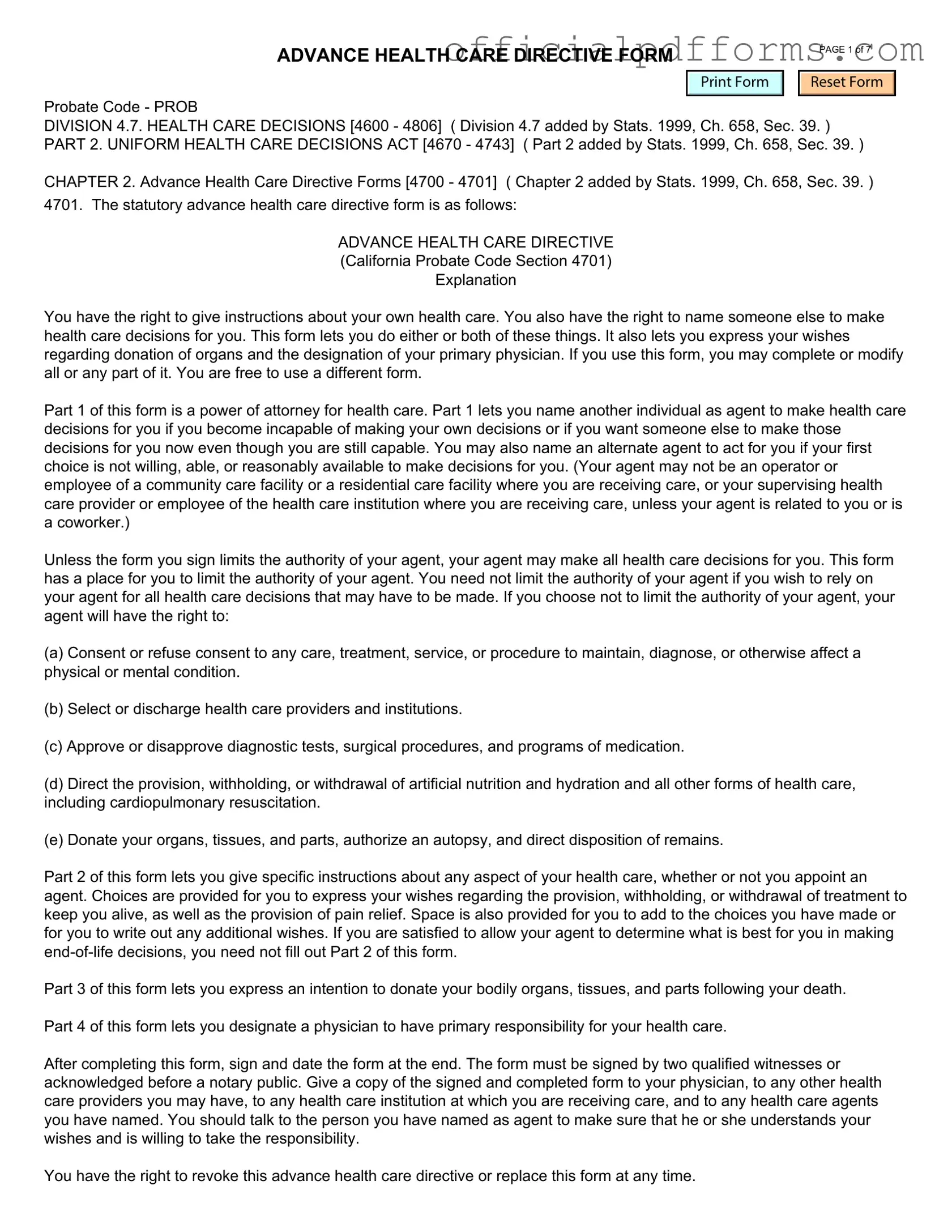 Fill in a Valid California Advanced Health Care Directive Form