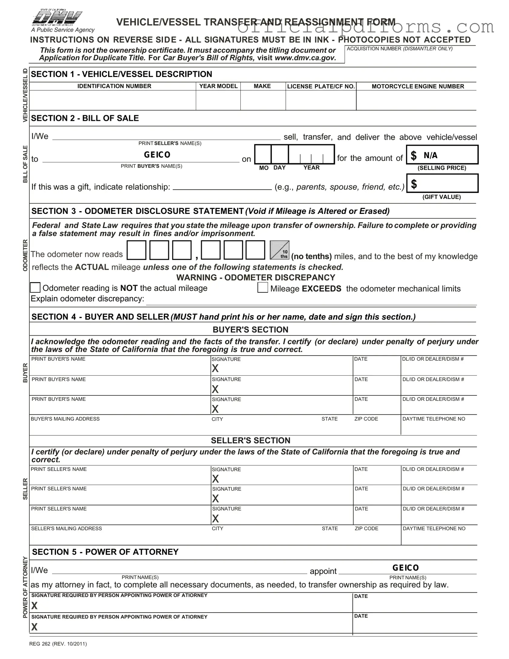 Fill in a Valid California Fotm Reg 262 Form