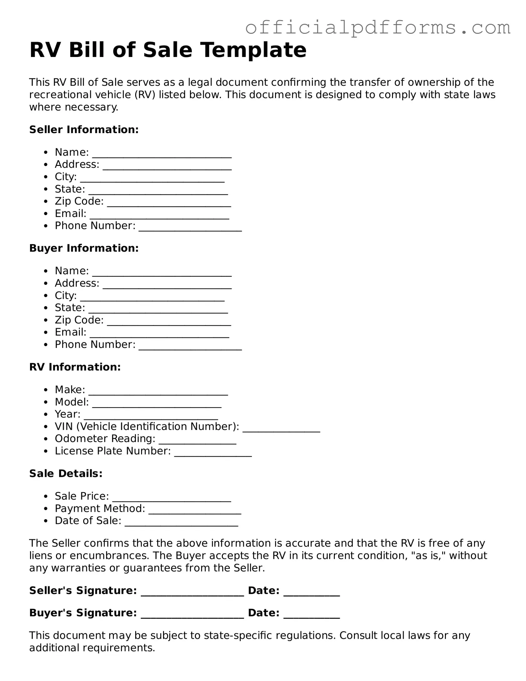 Valid RV Bill of Sale Document