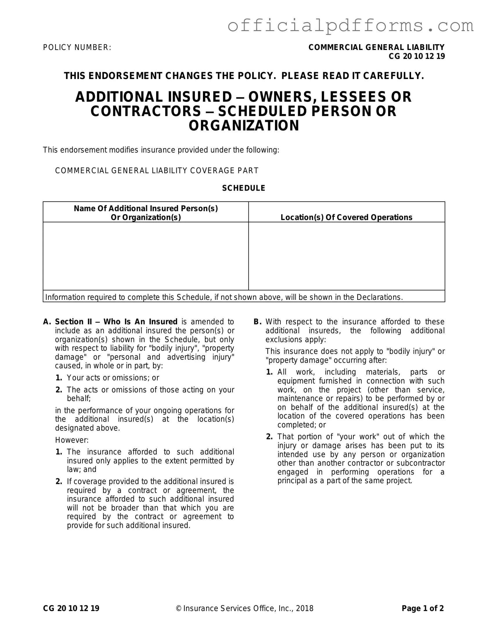 Fill in a Valid Cg 20 10 07 04 Liability Endorsement Form