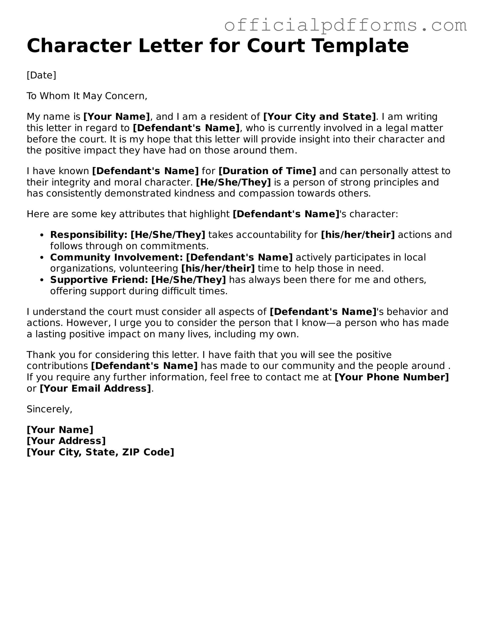 Valid Character Letter for Court Document