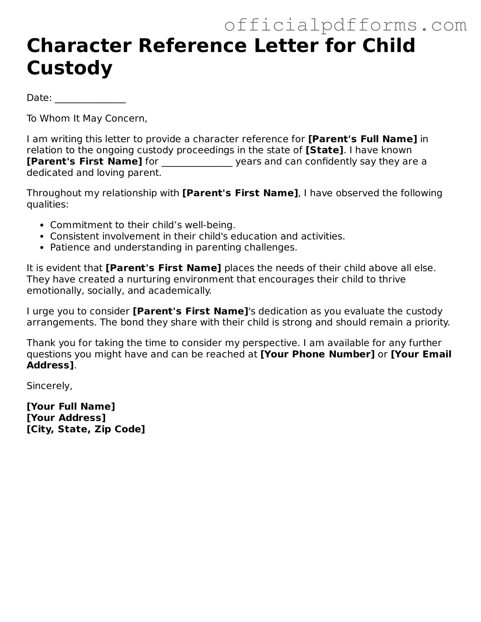 Valid Character Reference Letter for Child Custody Document