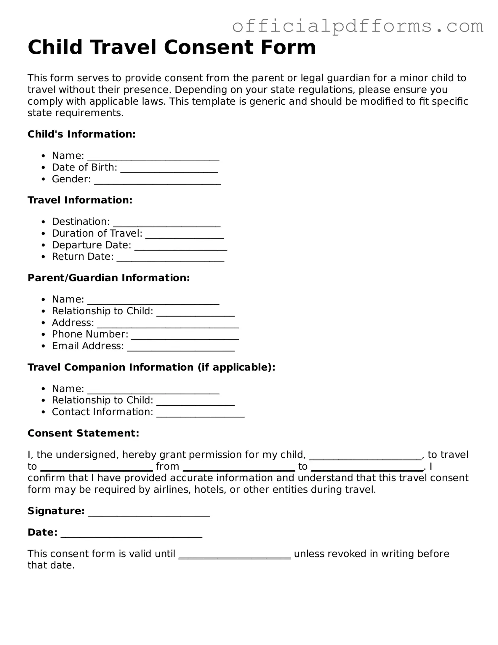 Valid Child Travel Consent Form Document