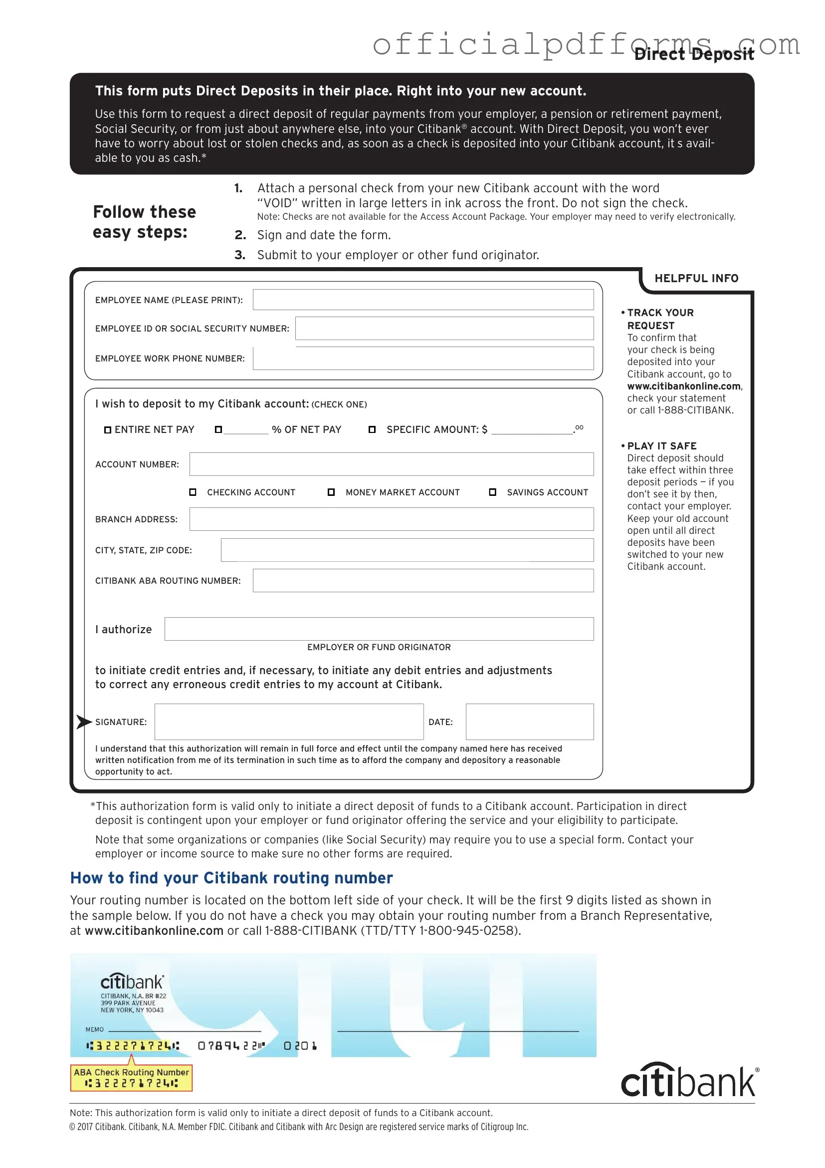 Fill in a Valid Citibank Direct Deposit Form