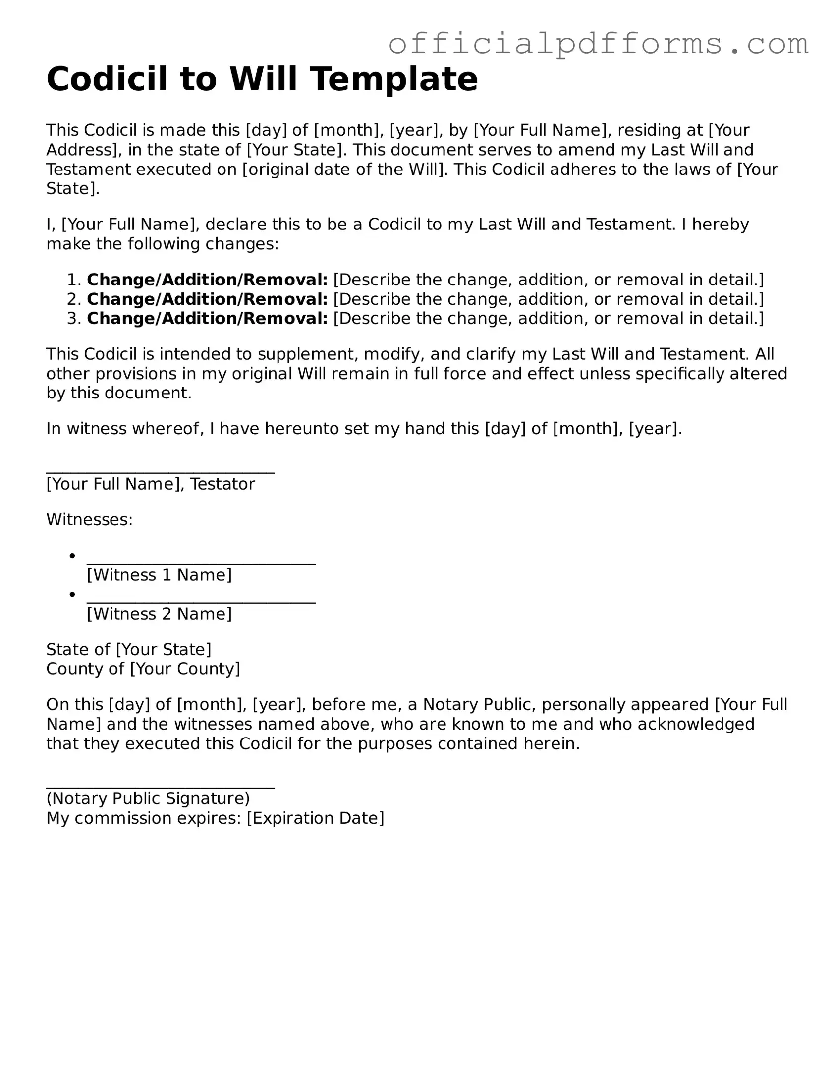 Valid Codicil to Will Document