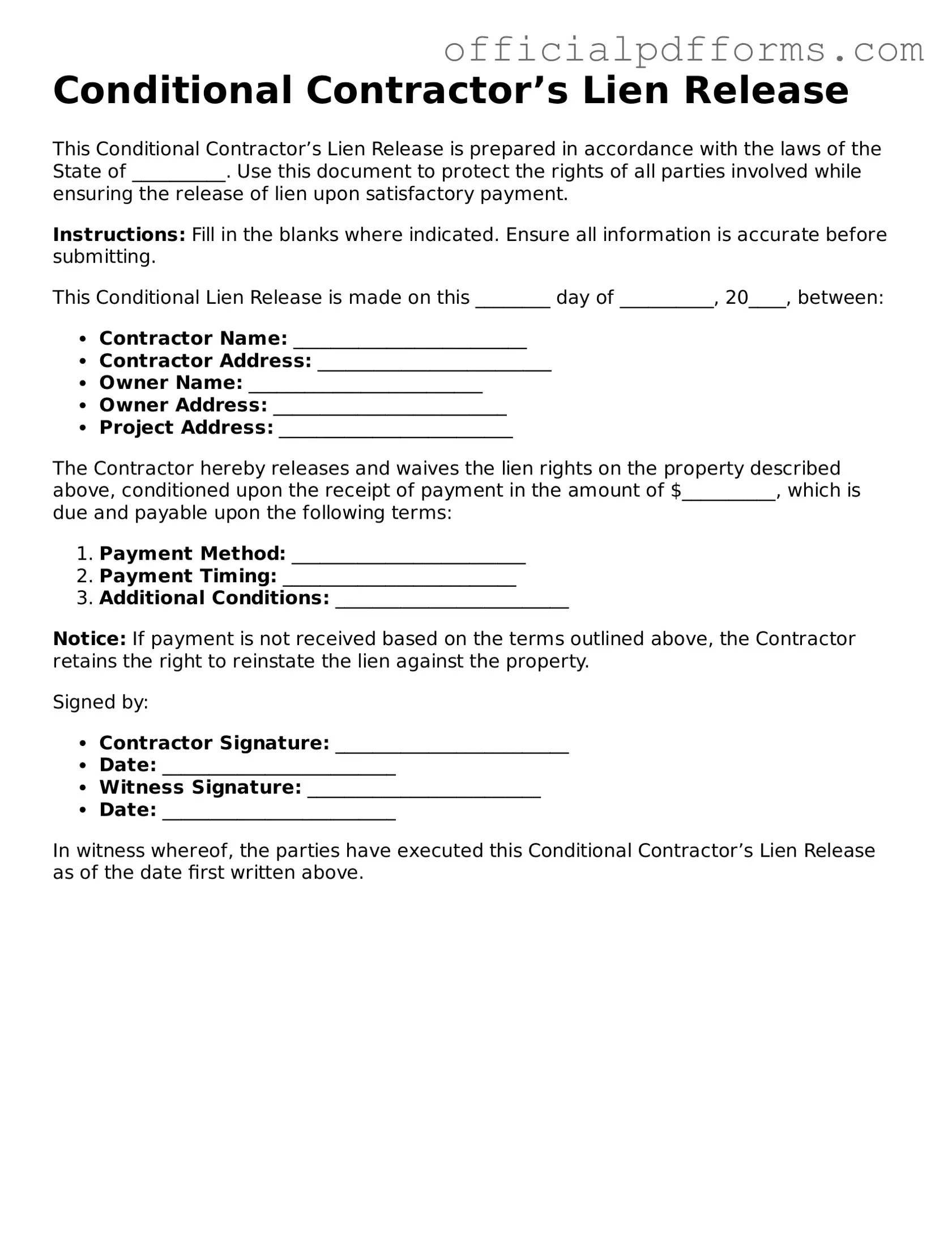 Valid Conditional Contractor’s Lien Release Document