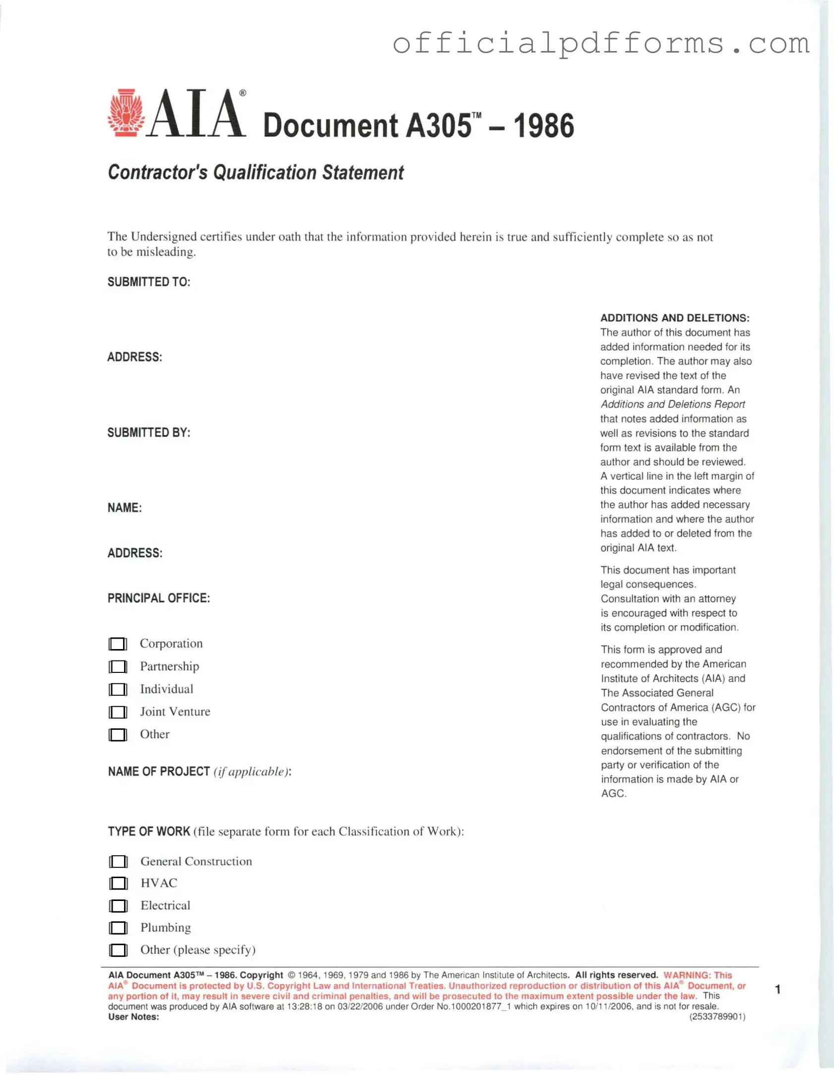 Fill in a Valid AIA A305 Form