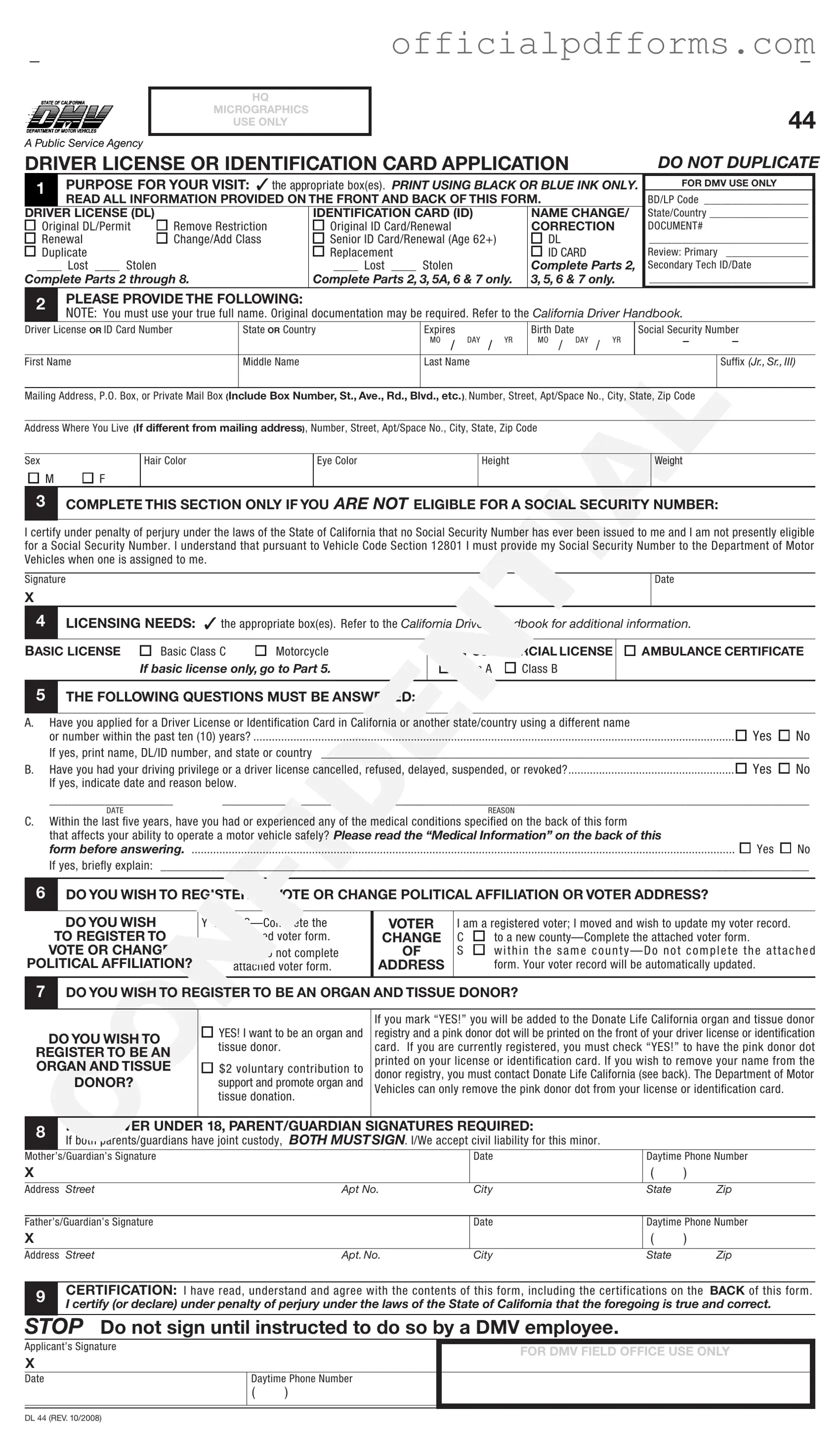Fill in a Valid Ca Dmv Dl 44 Form