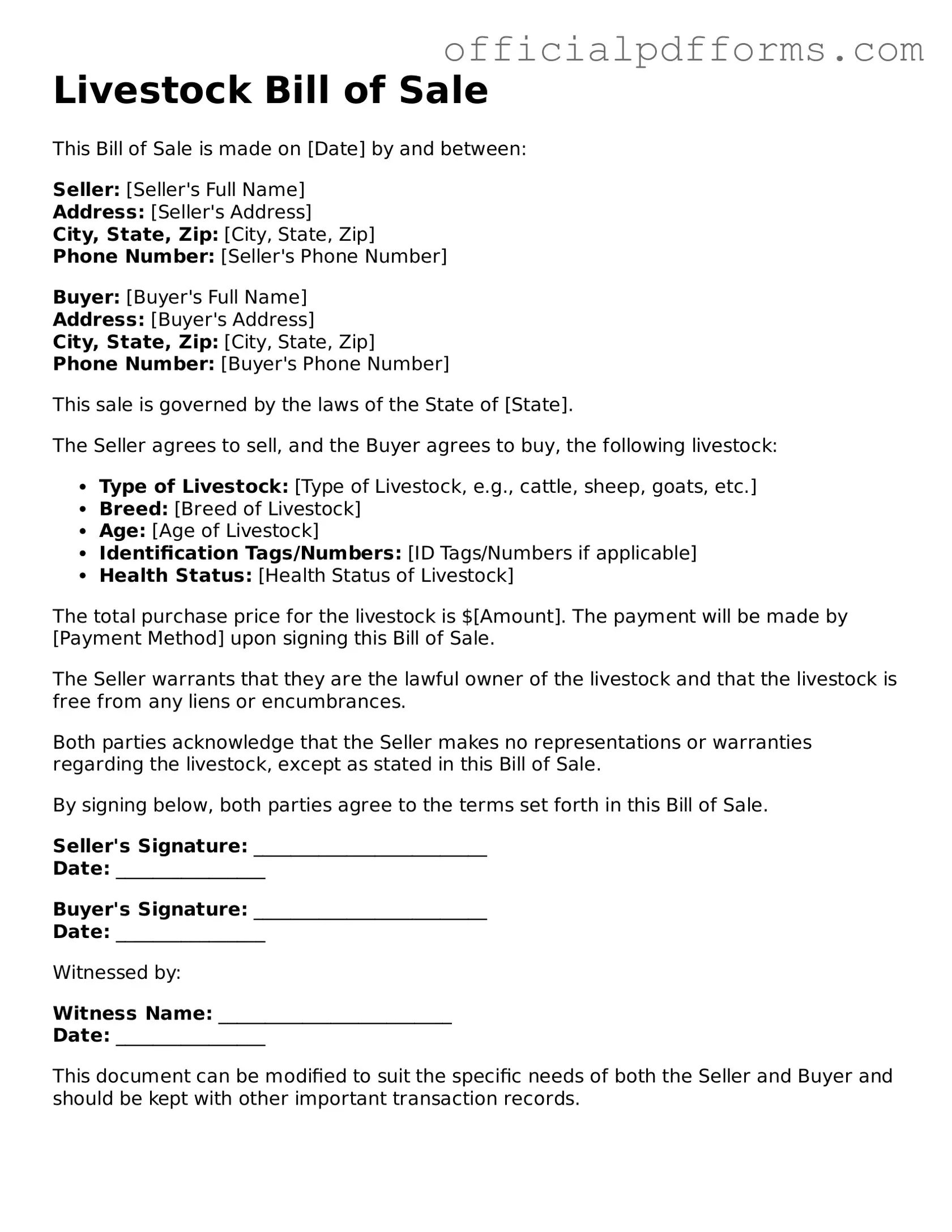 Valid Livestock Bill of Sale Document