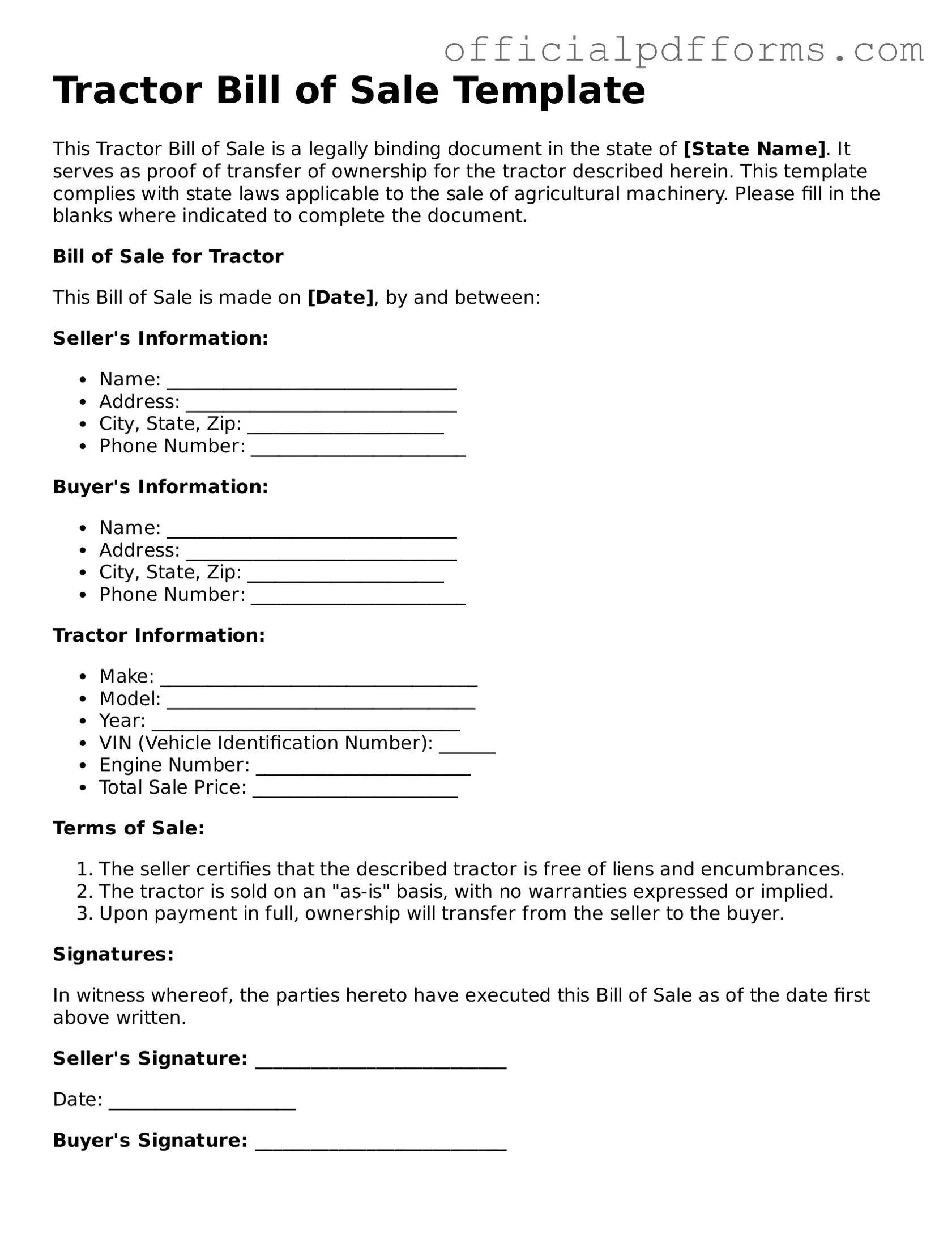 Valid Tractor Bill of Sale Document