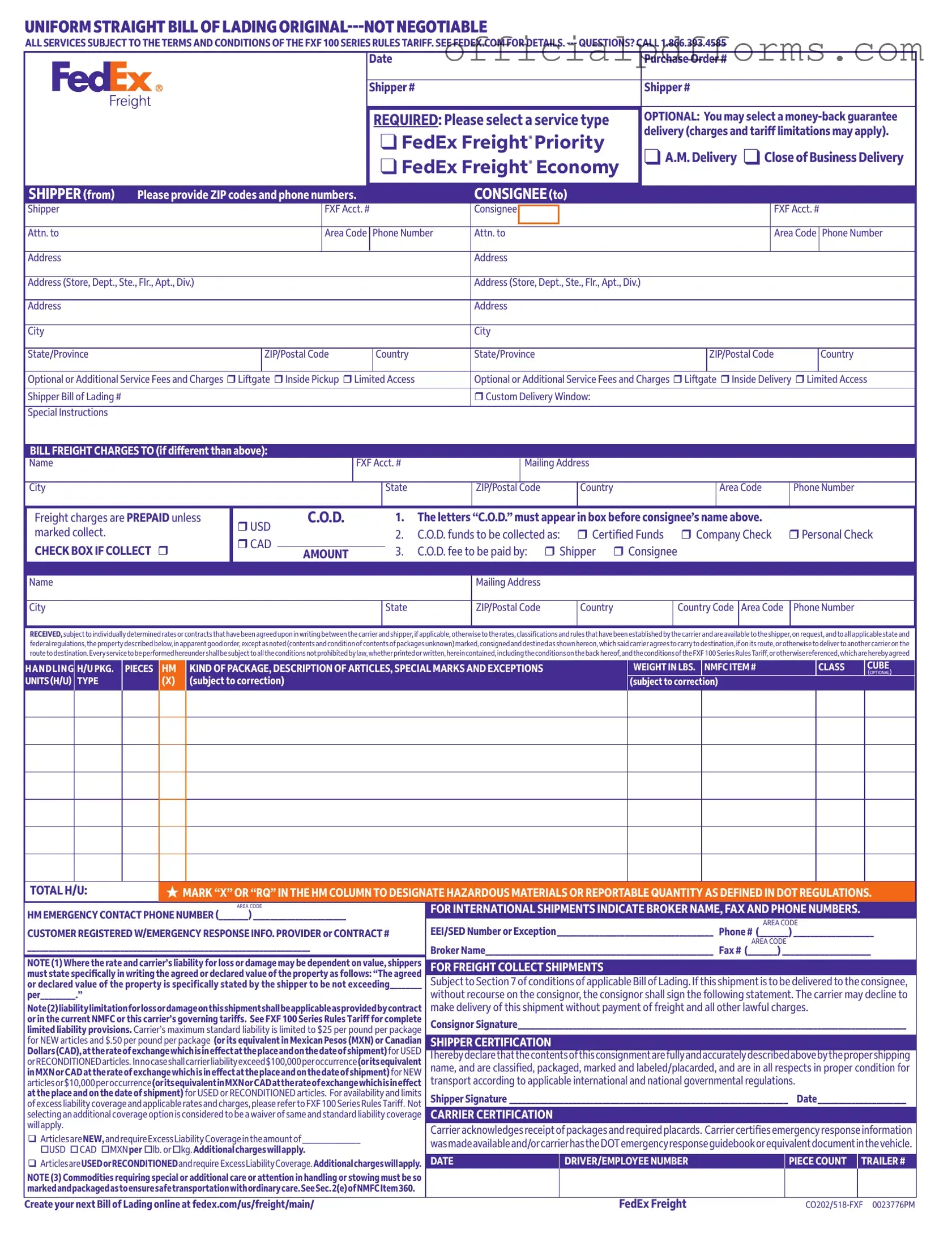 Fill in a Valid Fedex Bill Of Lading Form