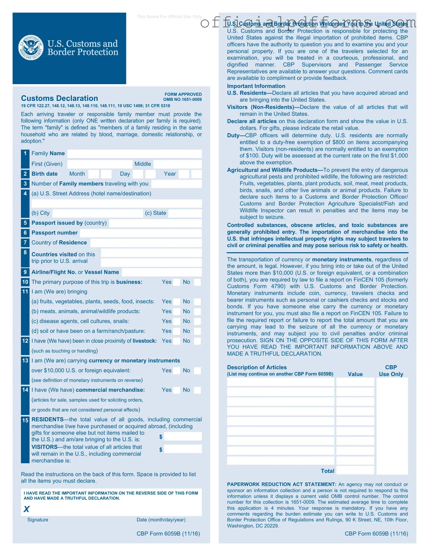Fill in a Valid CBP 6059B Form