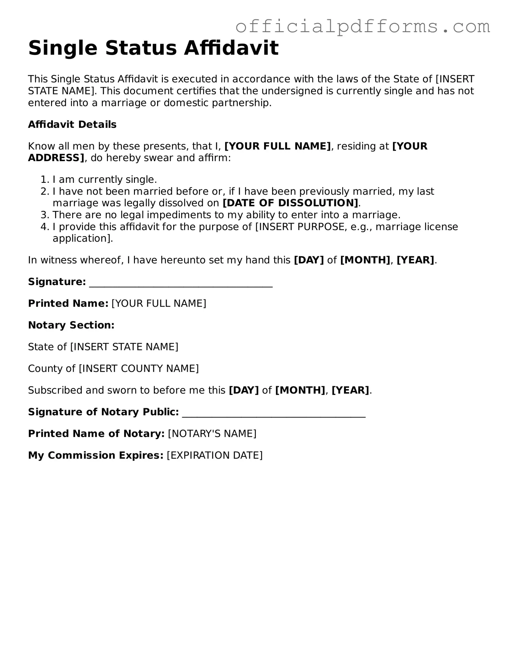 Valid Single Status Affidavit Document