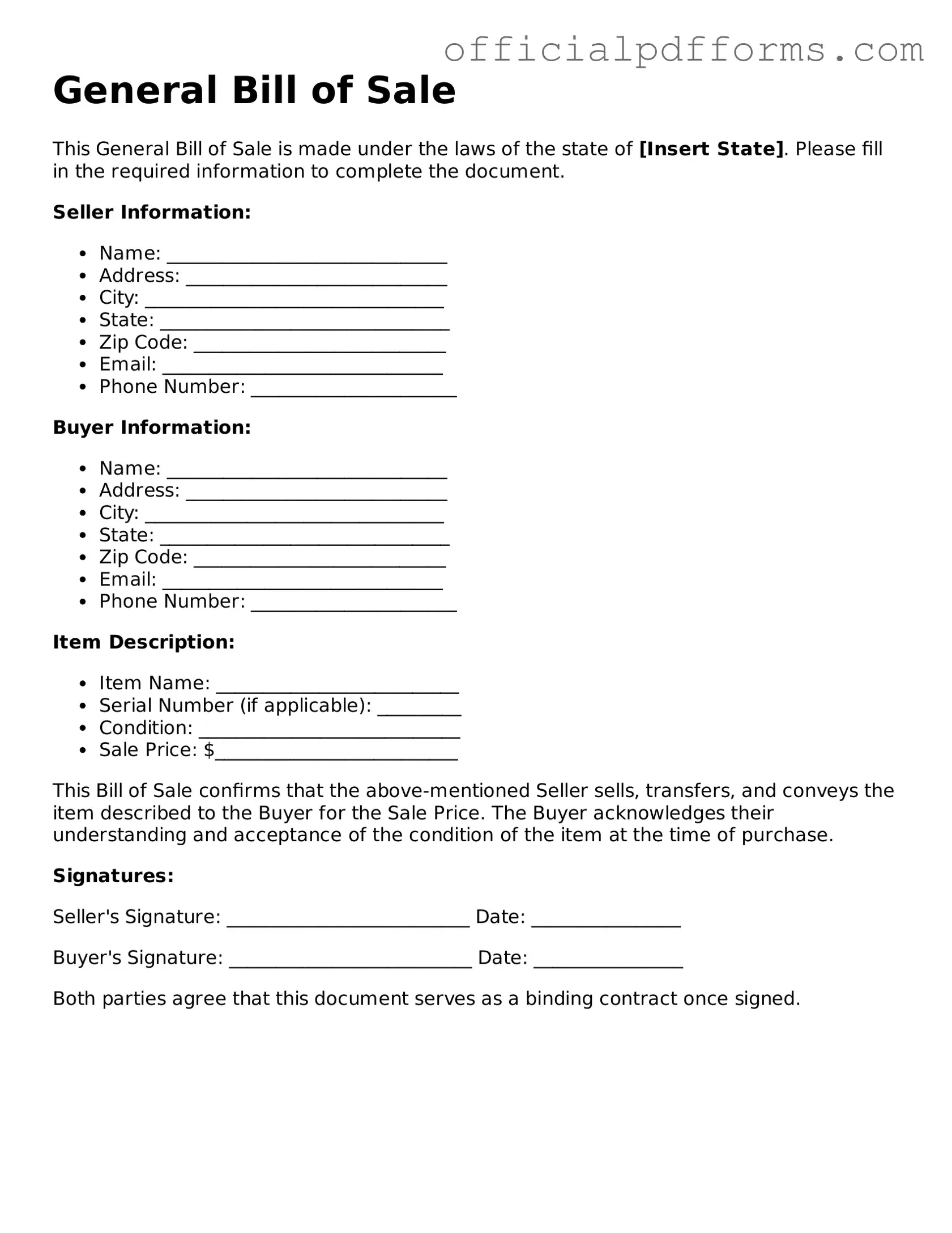 Valid General Bill of Sale Document
