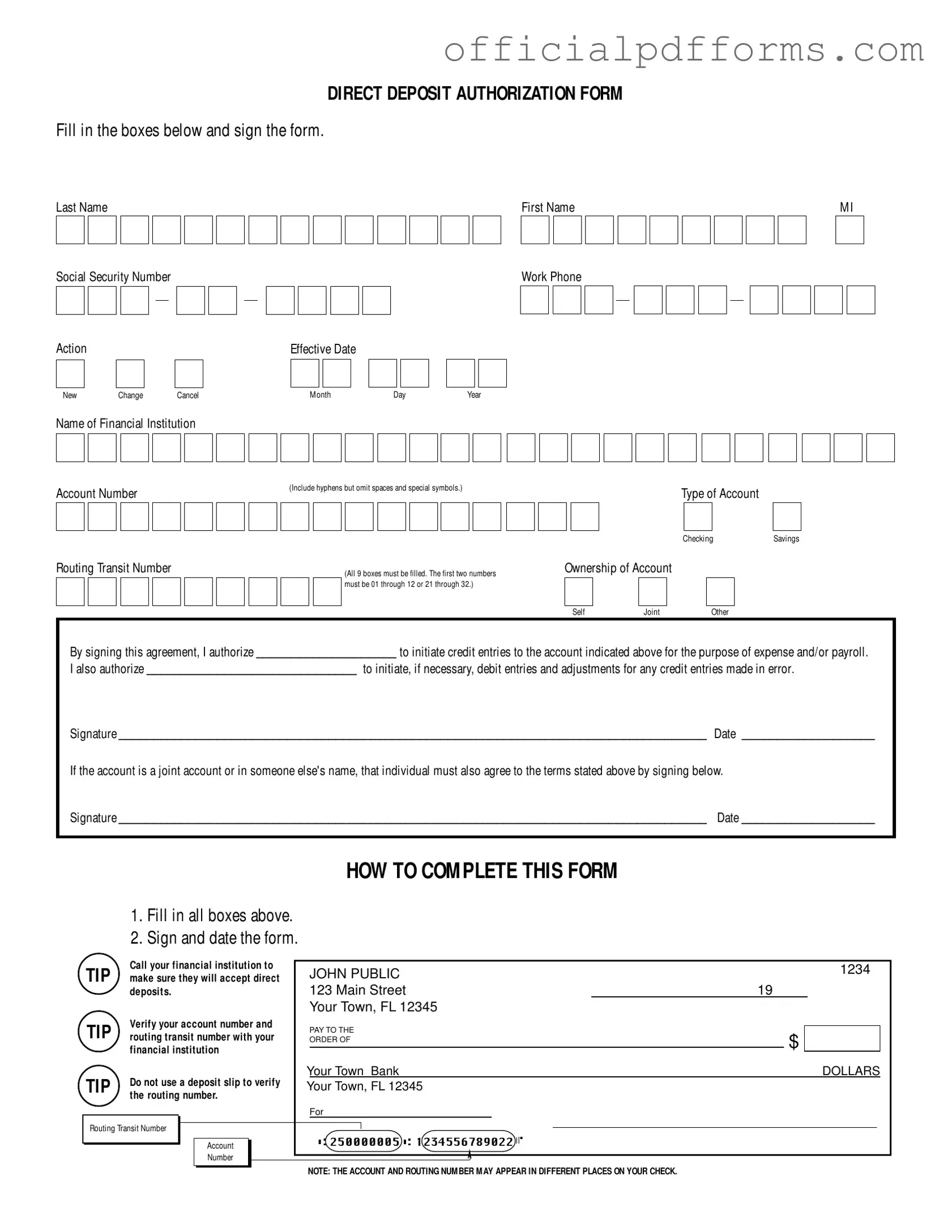 Fill in a Valid Generic Direct Deposit Form