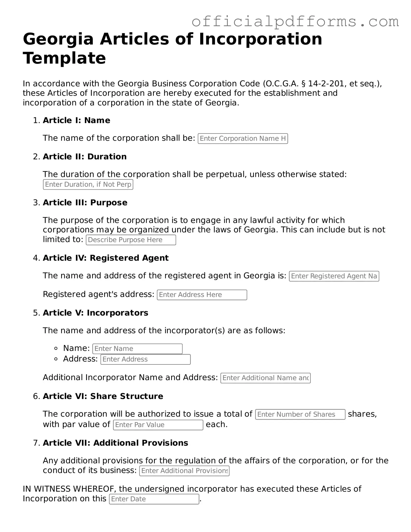 Printable Georgia Articles of Incorporation Template