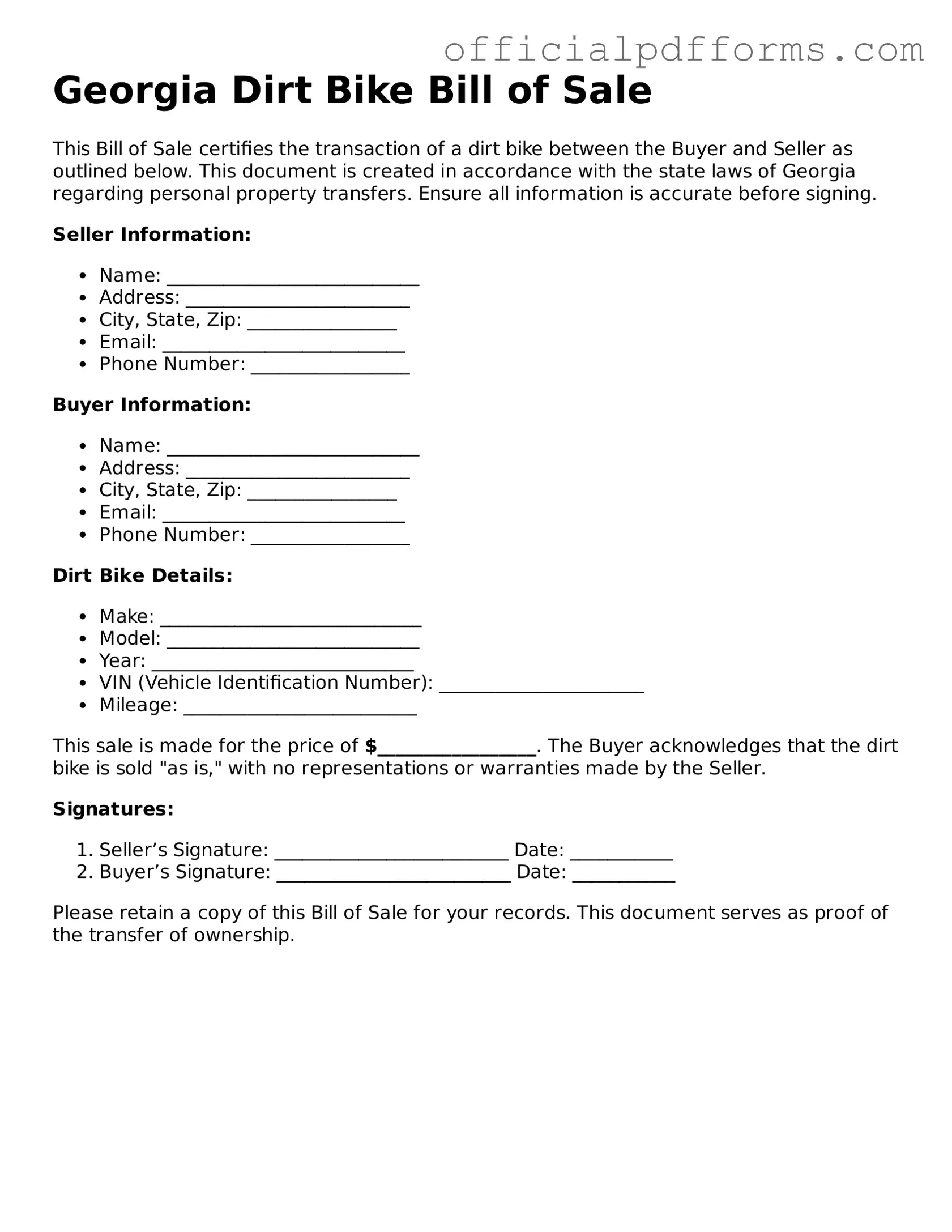 Printable Georgia Dirt Bike Bill of Sale Template