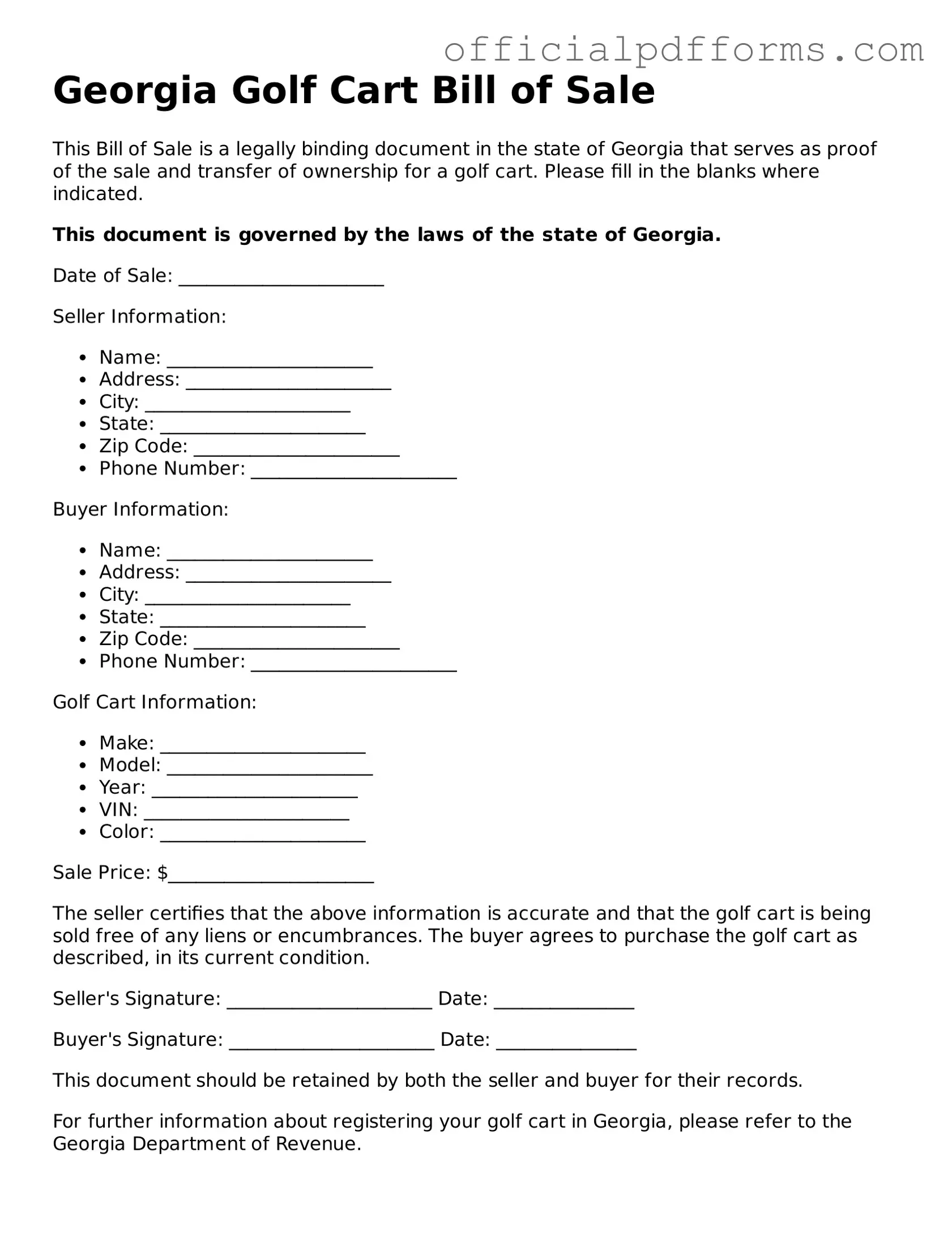 Printable Georgia Golf Cart Bill of Sale Template