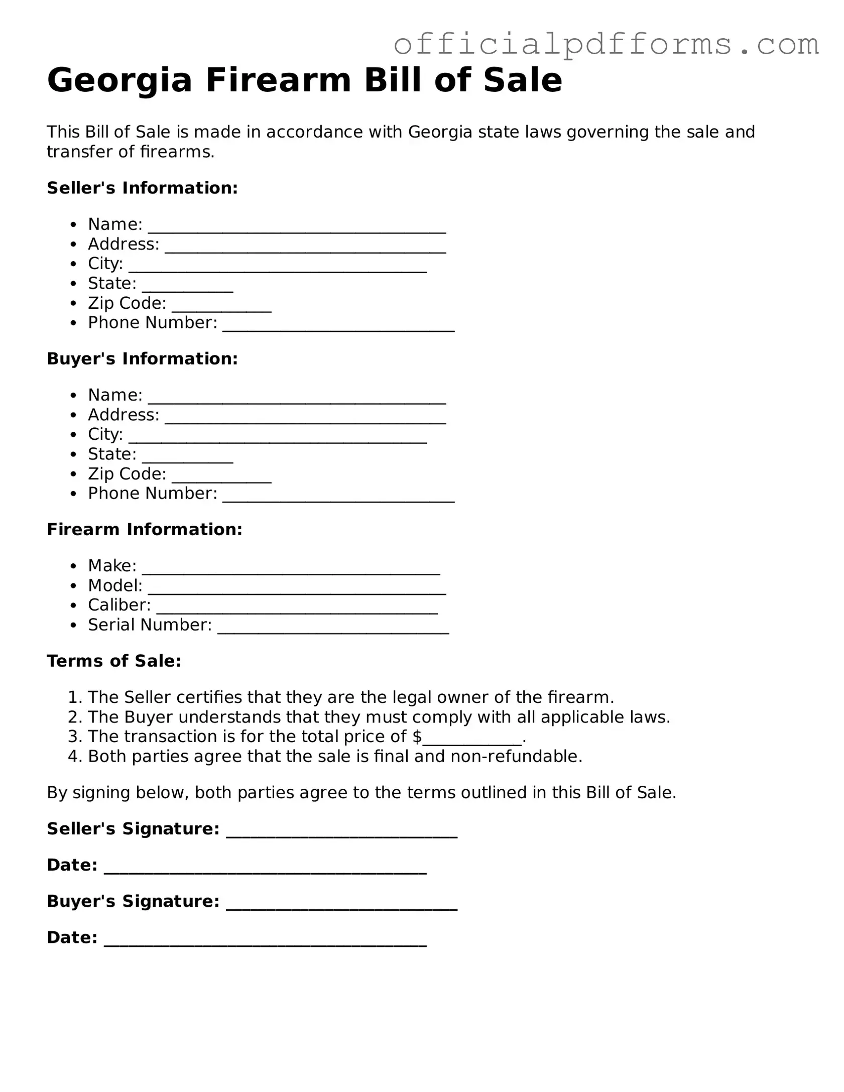 Printable Georgia Firearm Bill of Sale Template