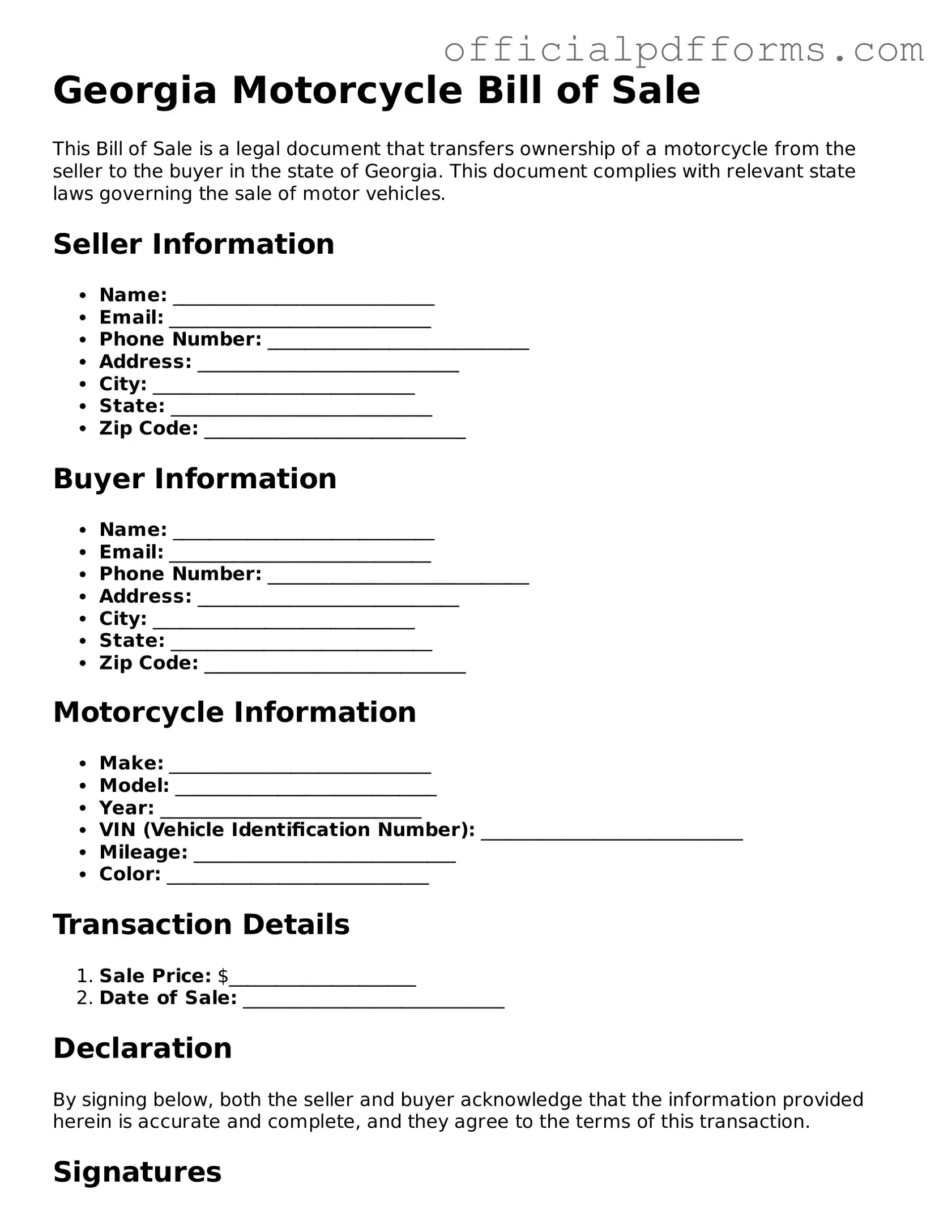 Printable Georgia Motorcycle Bill of Sale Template