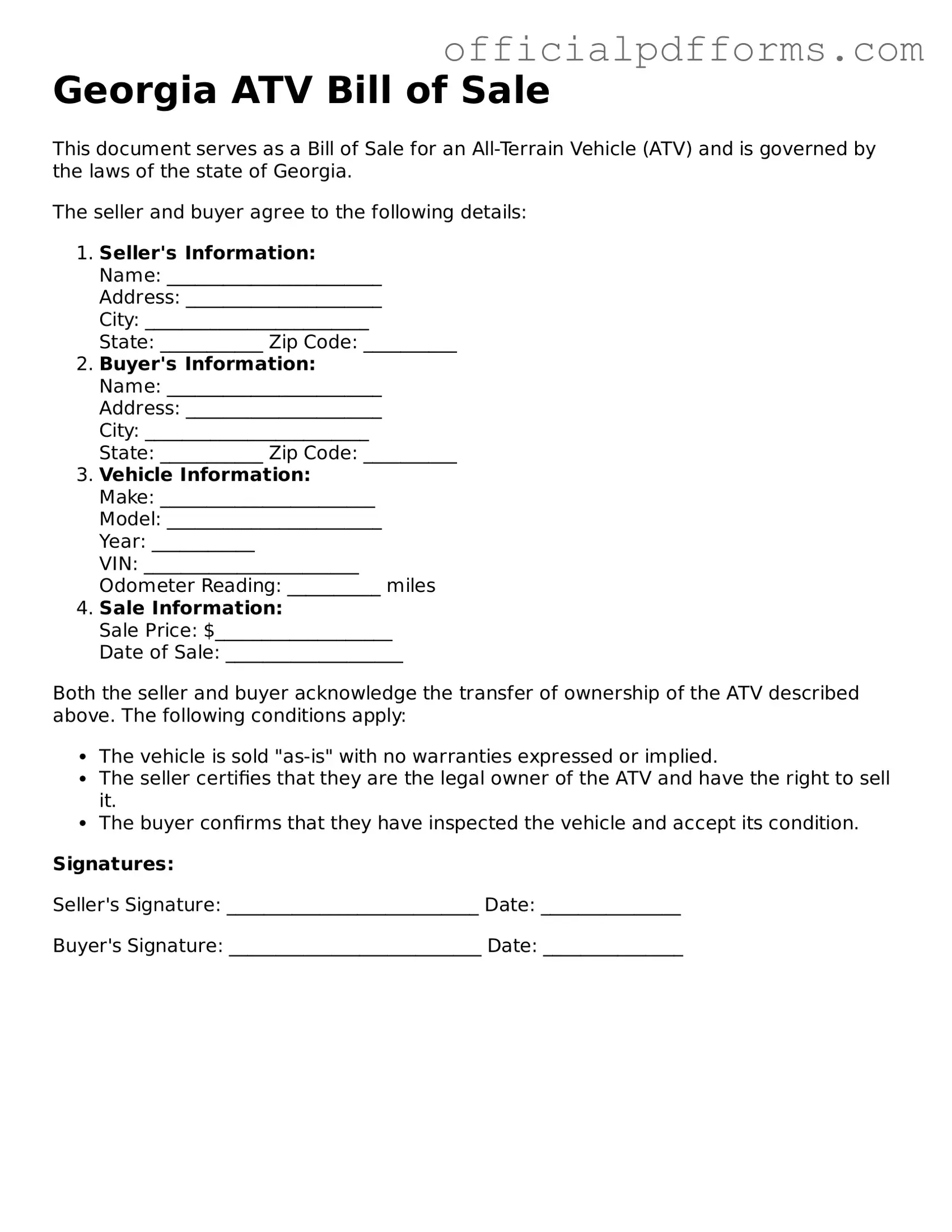 Printable Georgia ATV Bill of Sale Template