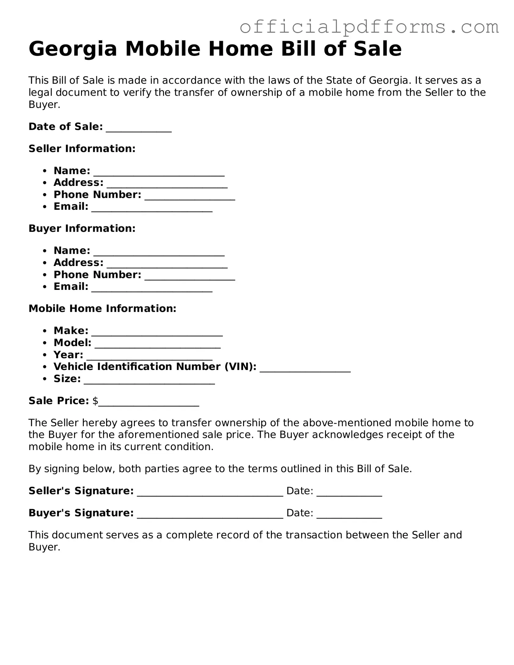 Printable Georgia Mobile Home Bill of Sale Template