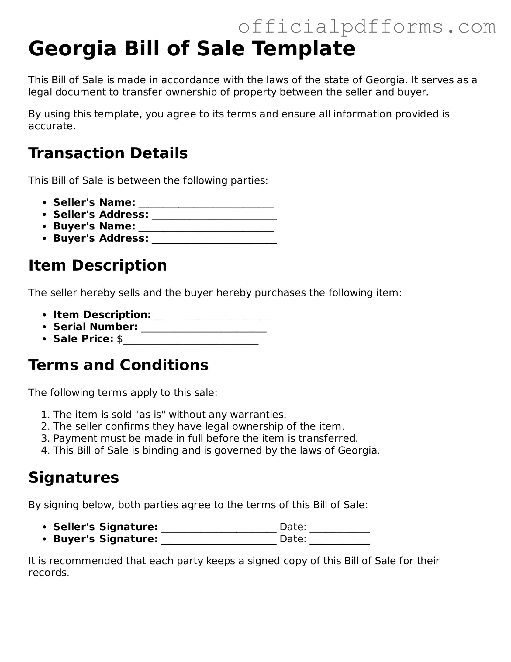 Printable Georgia Bill of Sale Template