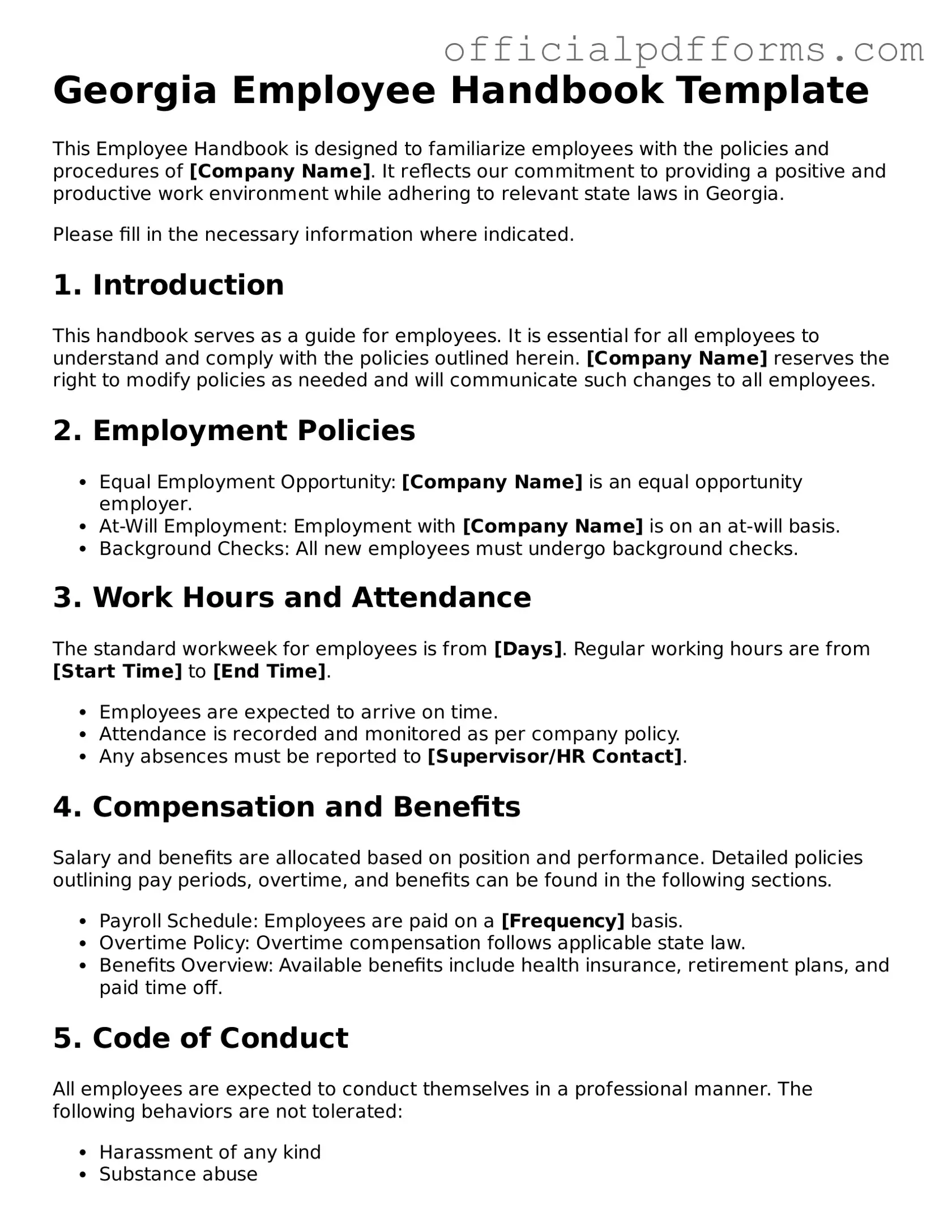 Printable Georgia Employee Handbook Template