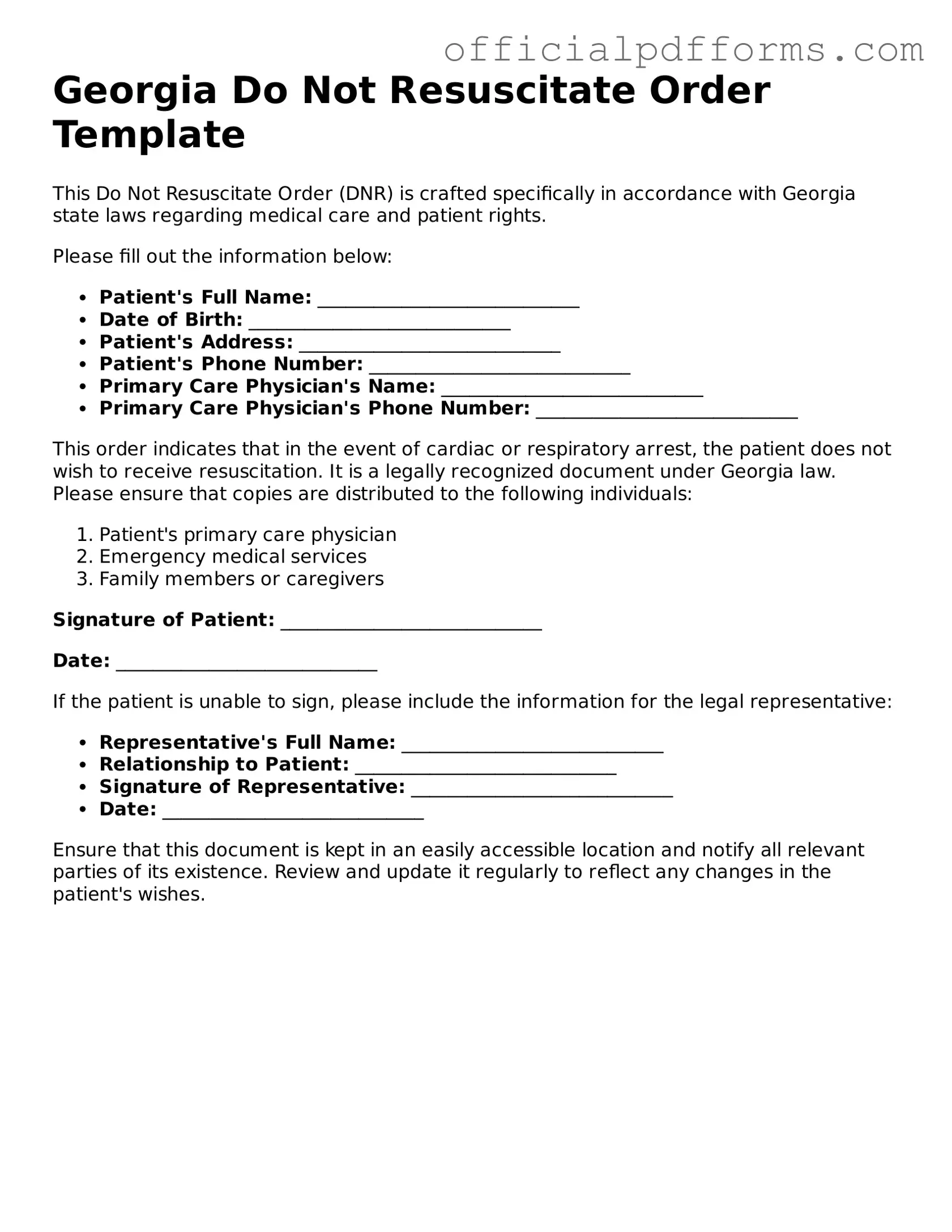 Printable Georgia Do Not Resuscitate Order Template