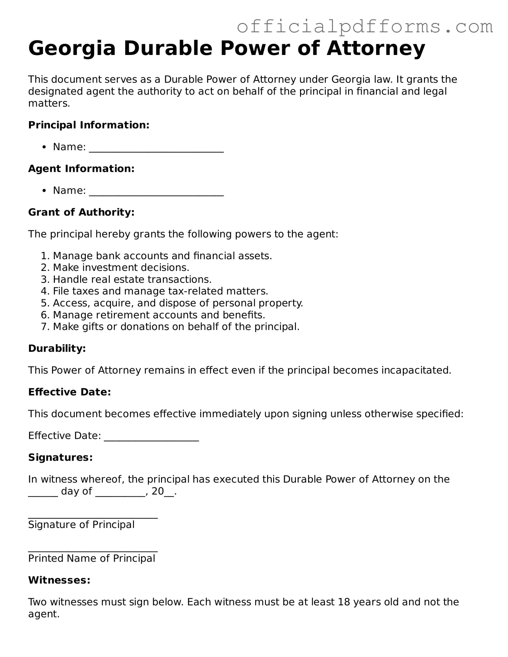 Printable Georgia Durable Power of Attorney Template