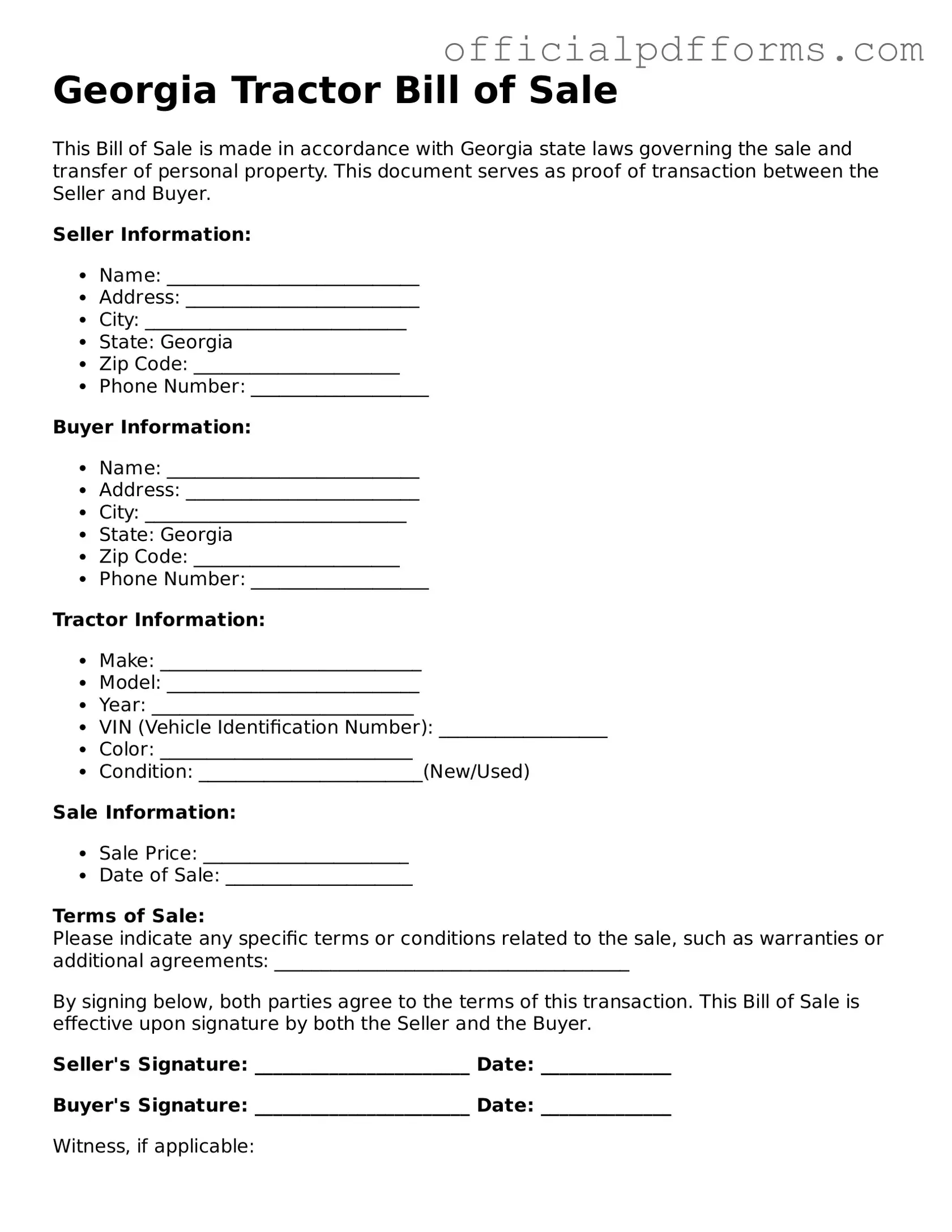 Printable Georgia Tractor Bill of Sale Template