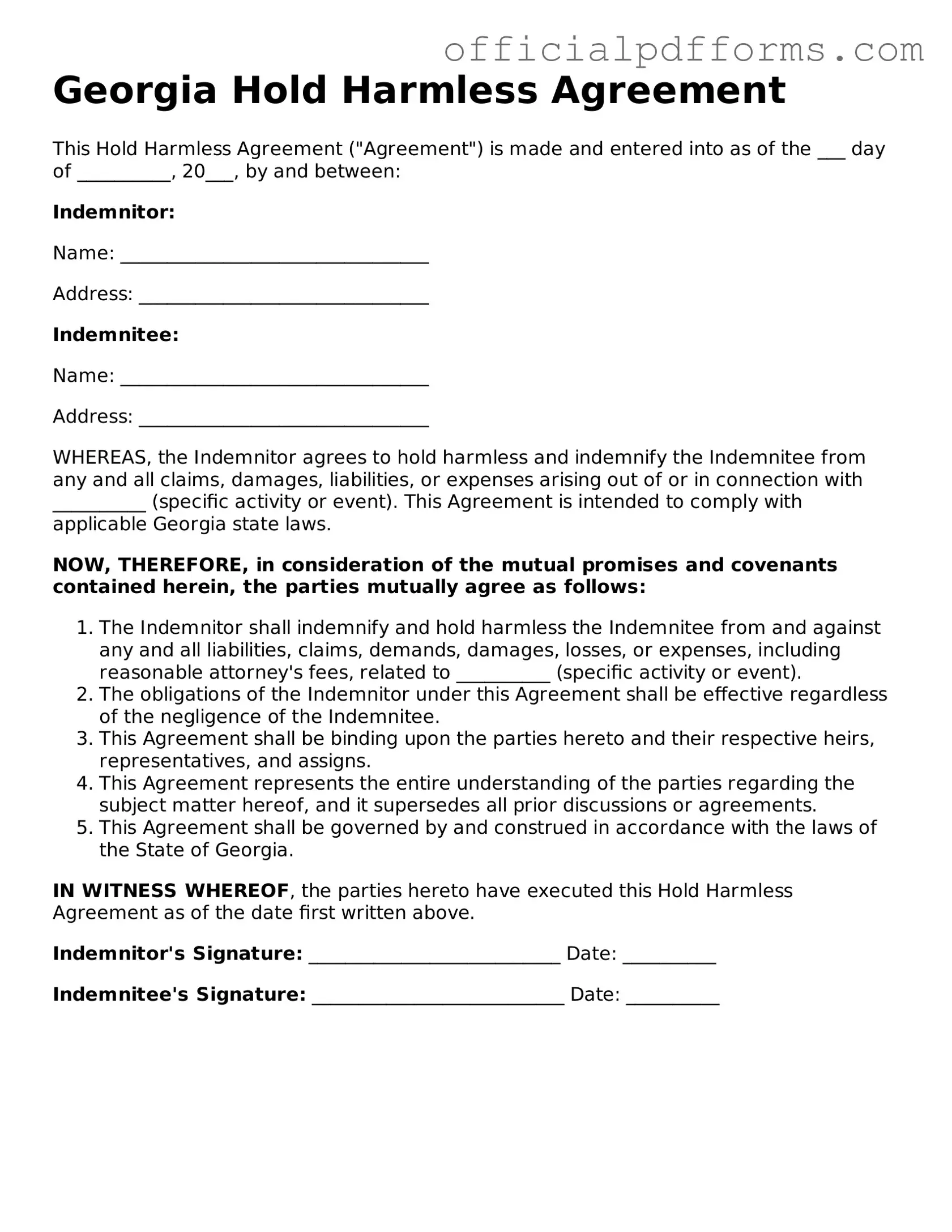 Printable Georgia Hold Harmless Agreement Template