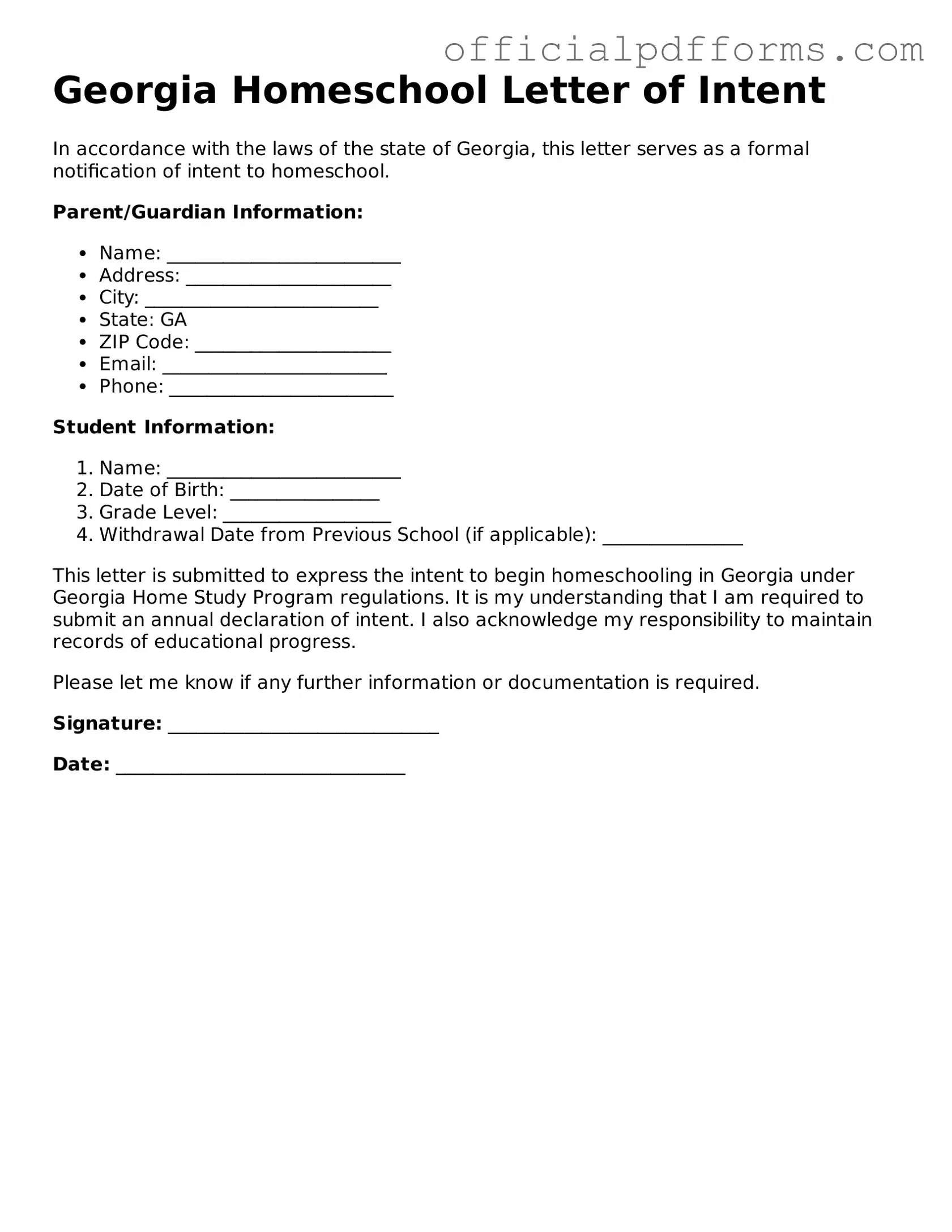 Printable Georgia Homeschool Letter of Intent Template